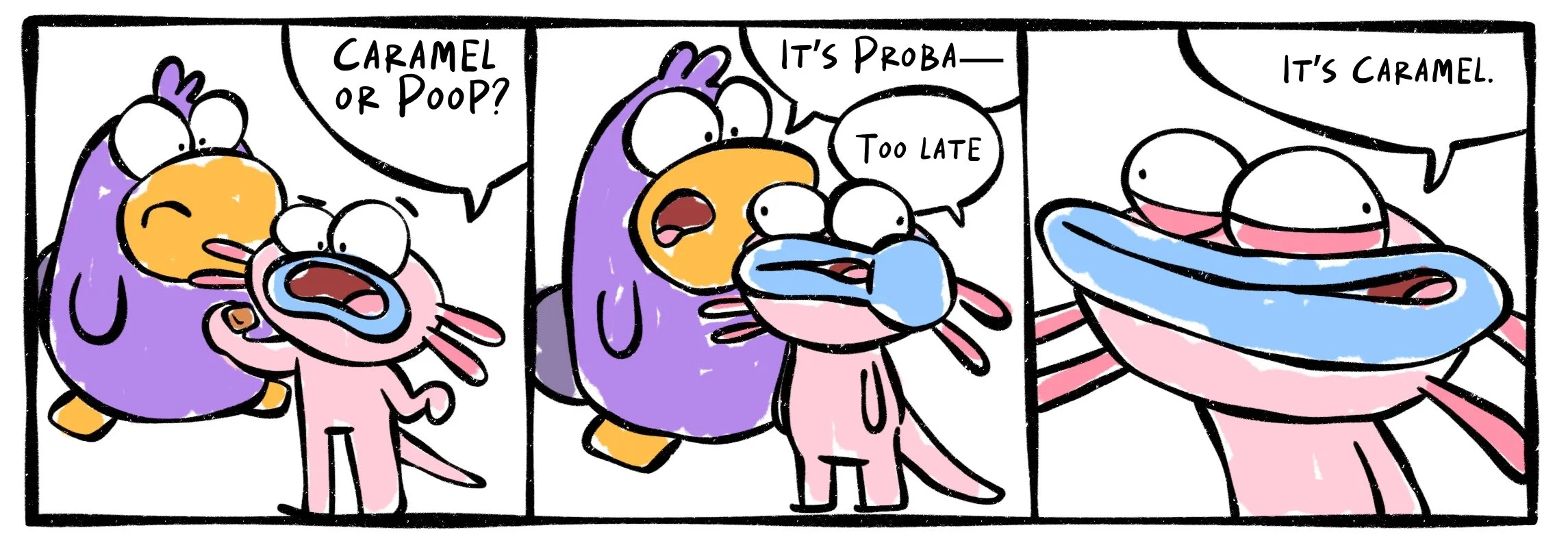 Comic strip showing Ash mistaking wombat poop cubes for caramel candy with Patty warning him