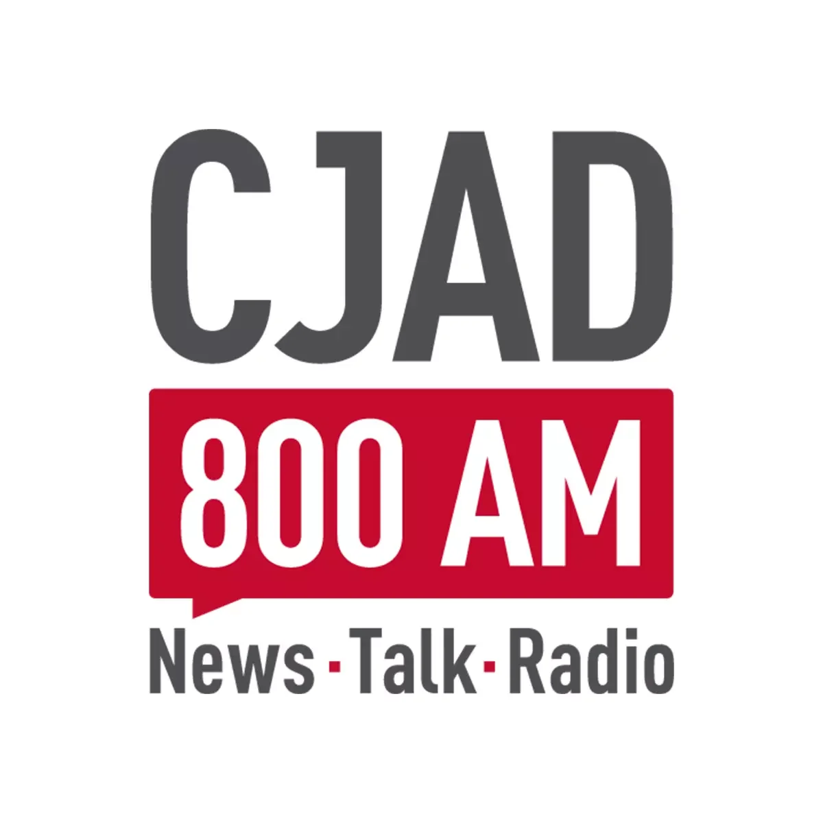 CJAD 800 AM News Talk Radio logo with station call letters in black, red background with white text for frequency, and black text for format