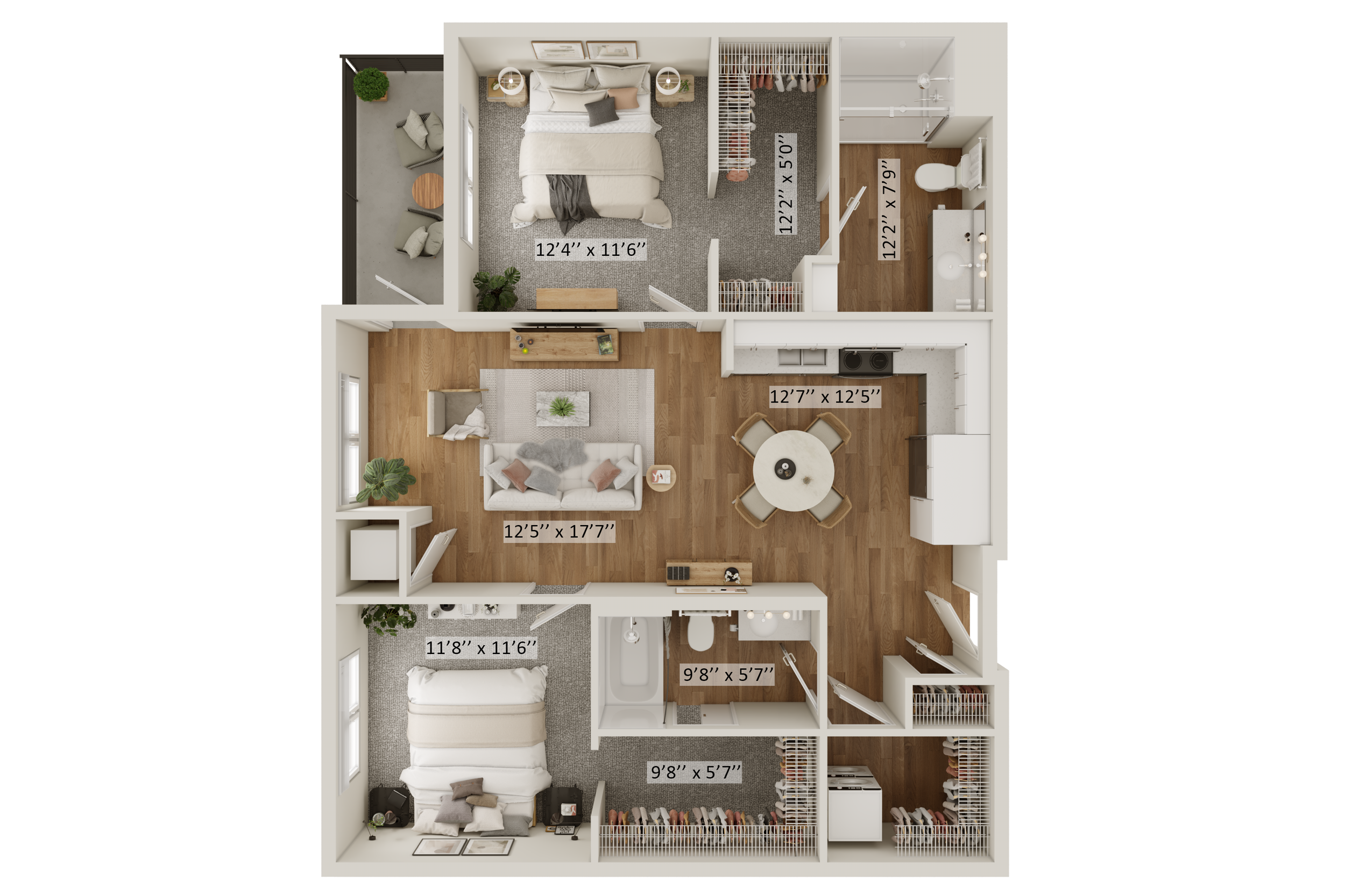 A detailed floor plan of an apartment showing bedrooms, a living room, a dining area, a kitchen, bathrooms, and closets with dimensions marked.