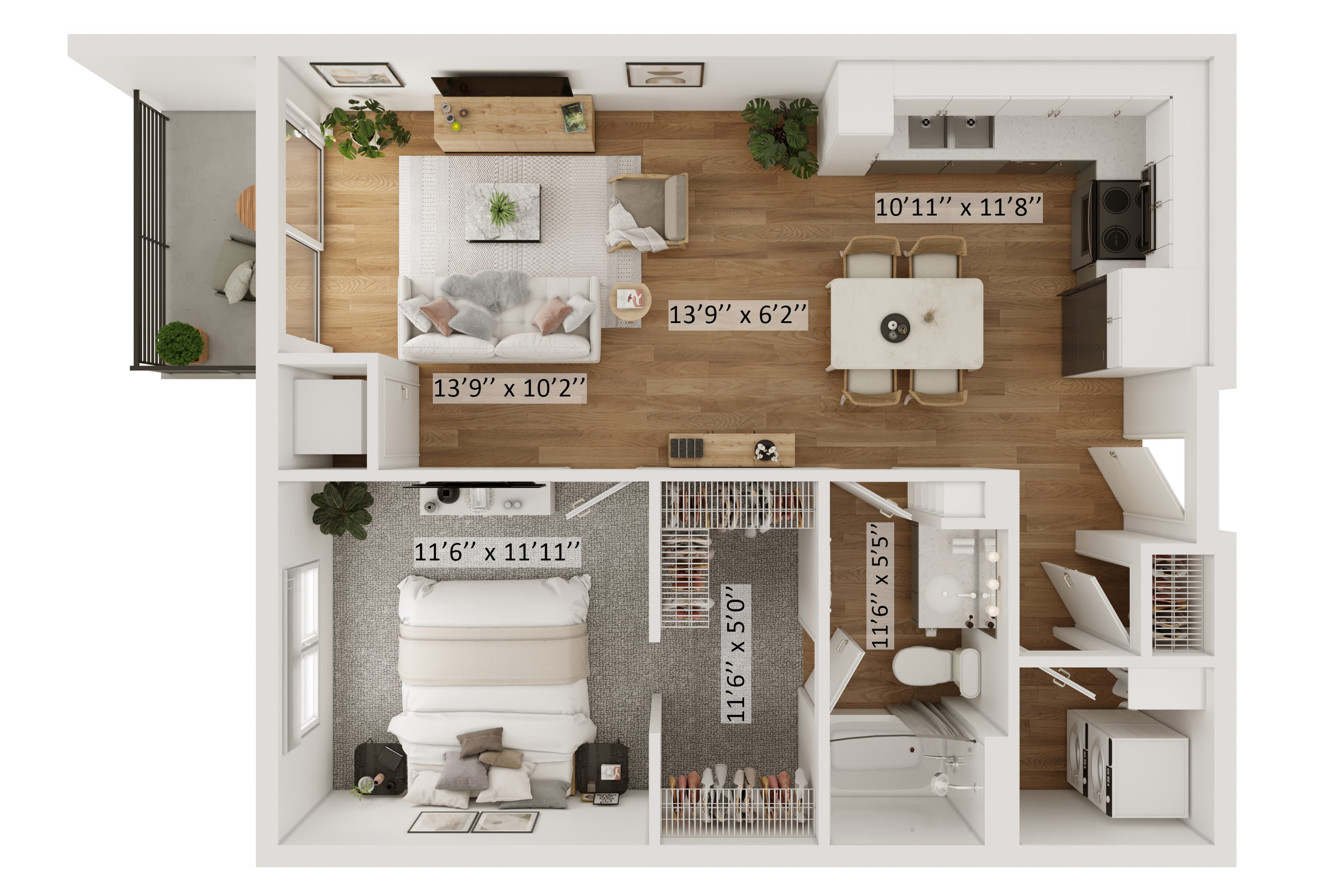 Top-down view of an apartment floor plan with measurements: Living room (13'9" x 10'2"), bedroom (11'6" x 11'11"), kitchen (10'11" x 11'8"), and bathrooms, with furniture and decor details.