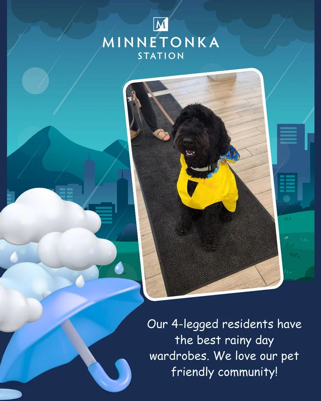 Get your raincoats ready for the rainy weekend! #Minnetonkastation #Petfriendly #Youshouldlivehere