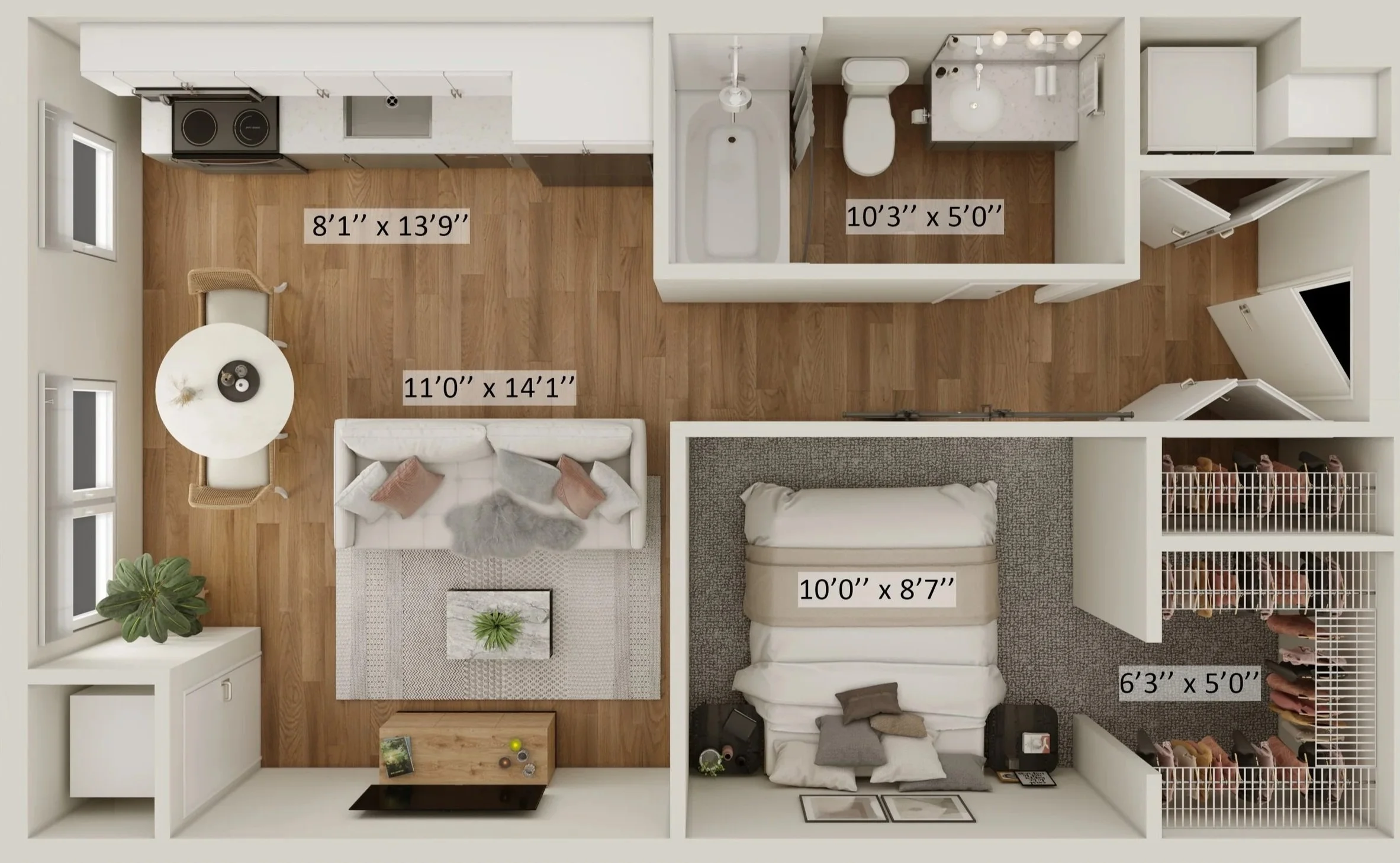 Top-down view of a small apartment layout showing a living room, kitchen, bathroom, and bedroom with dimensions labeled for each room
