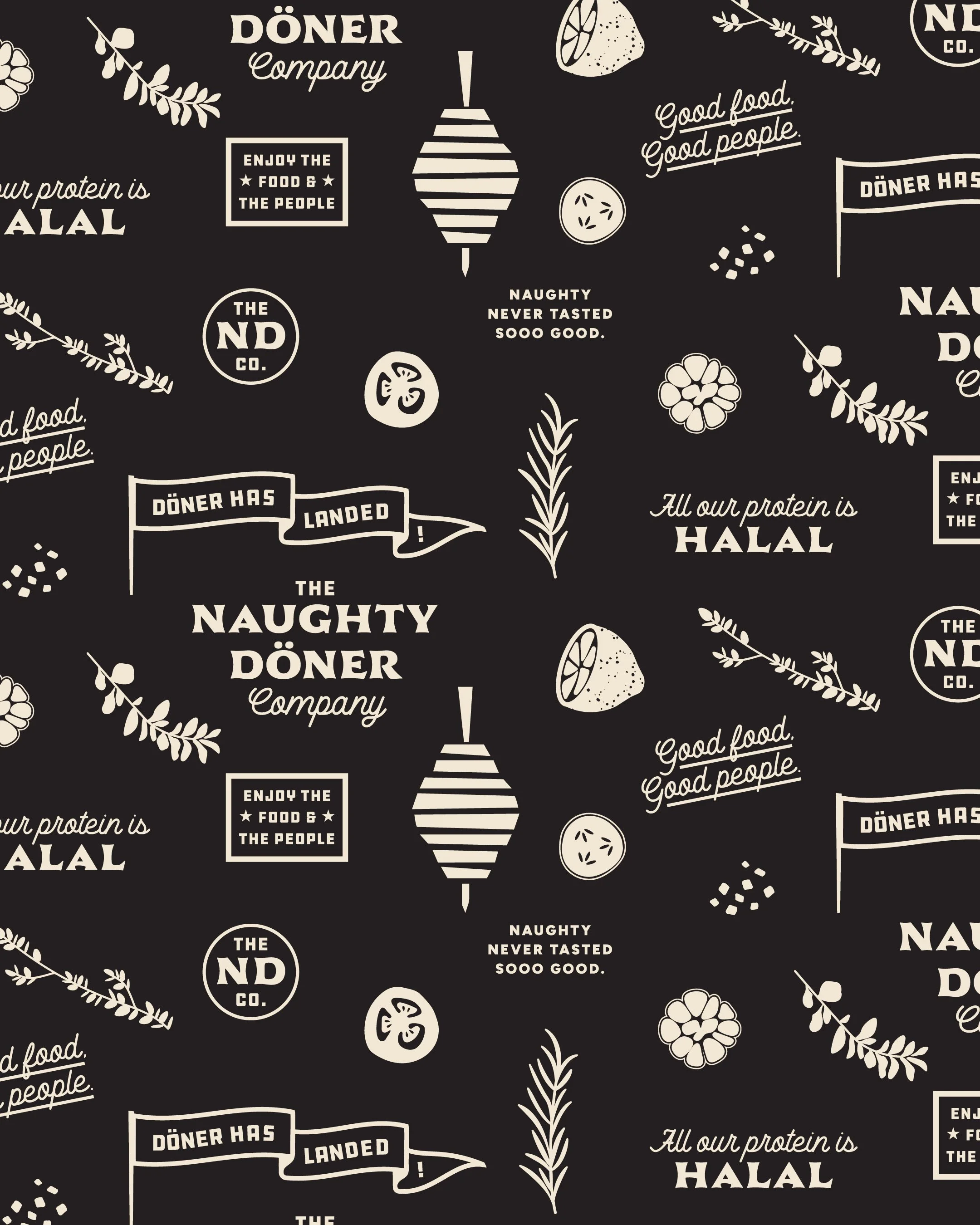 Pattern with drawings and text related to a döner restaurant named 'Naughty Döner.' Includes images of vegetables, lemon slices, herbs, and phrases like 'Enjoy the food & the people,' 'All our protein is halal,' and 'Döner has landed.'