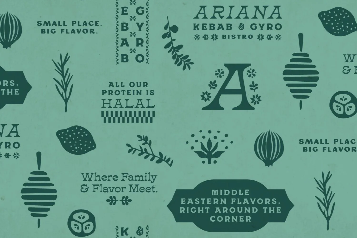 Decorative sign indicating a restaurant named Ariana Kebab & Gyro Bistro with phrases like 'Small place, big flavor' and 'Where family & flavor meet,' along with various illustrations including herbs, lemon, a lettuce, a skewer, and stylized text about middle eastern flavors.
