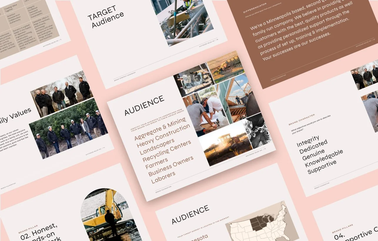 A collection of presentation slides with information about target audience, family values, brand pillars, and company mission, featuring images of construction sites, workers, and a map of the United States.