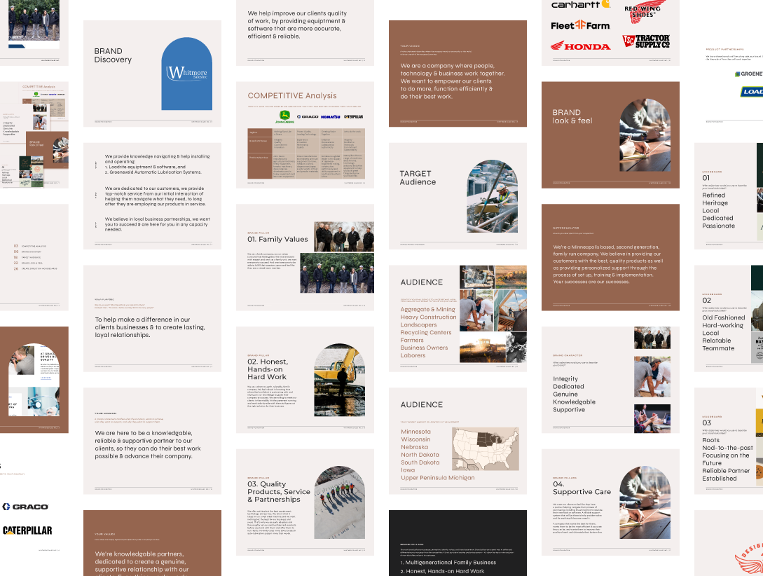A collage of multiple business presentation slides with company logos, graphs, and images related to construction, technology, and partnership values.