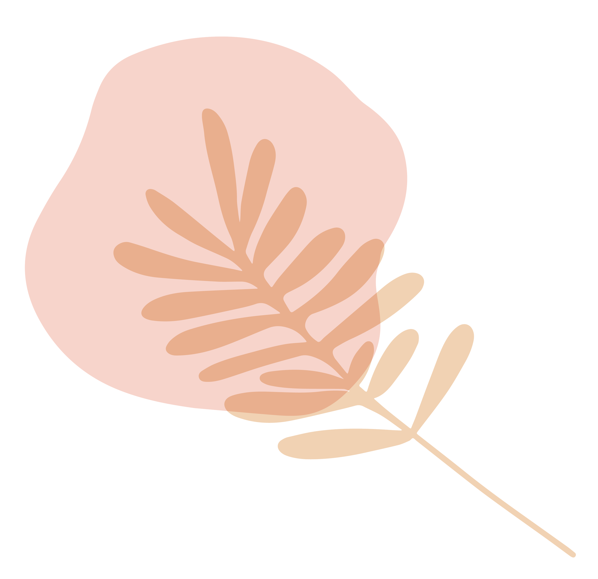 Abstract illustration of a leaf in soft beige and pink tones, with overlapping shapes and subtle shadows.