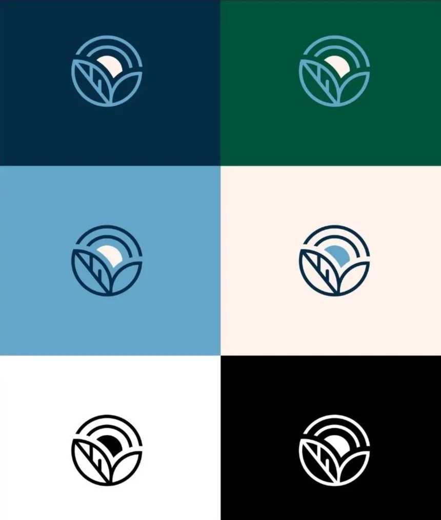A grid of six variations of a logo with a sun, leaves, and waves, in different background and line colors.