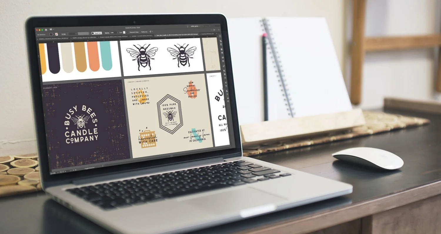 laptop on desk with brand presentation displayed on it