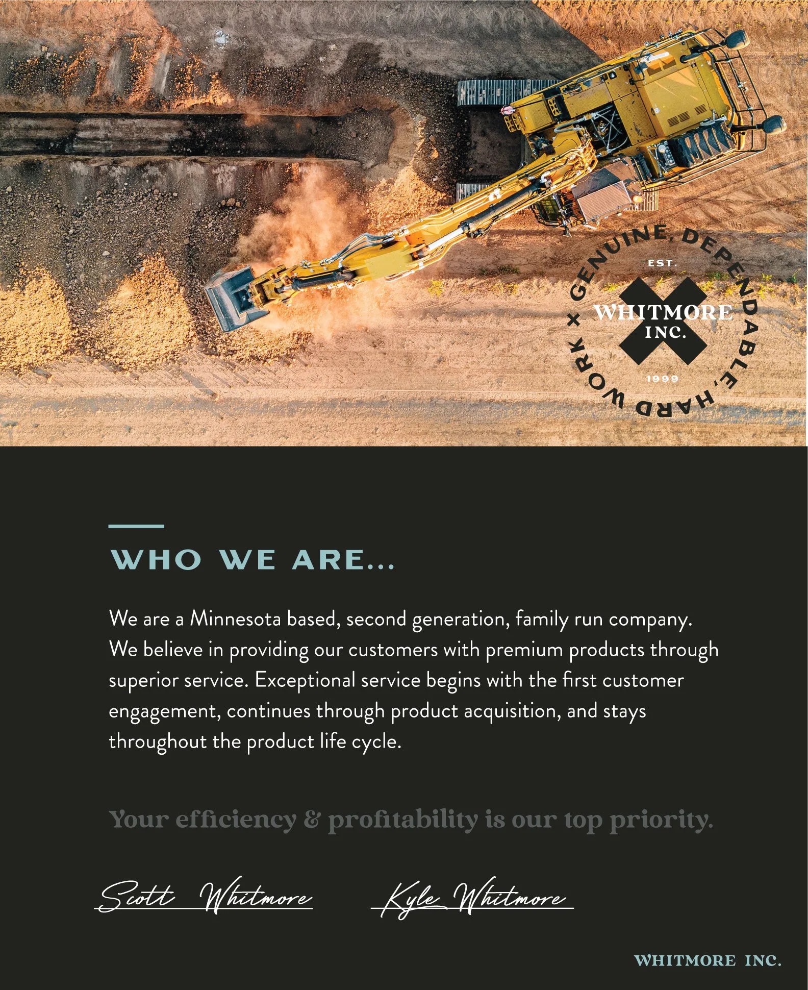 An aerial view of a yellow excavator digging into earth, with the Whitmore Inc. logo and text overlay on the bottom right.