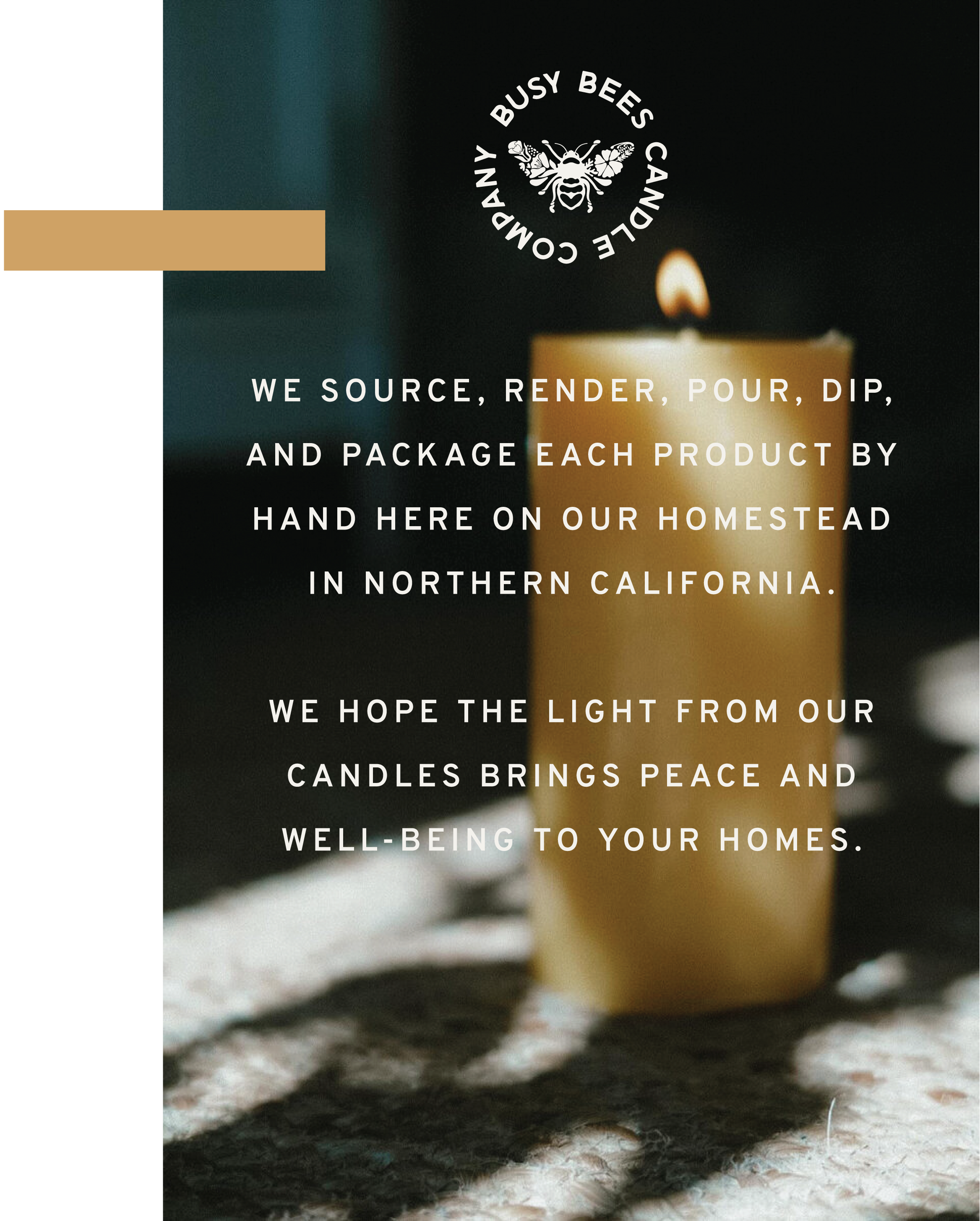A candle with a flame sitting on a textured surface, with overlaying text about a local bee company in Northern California.
