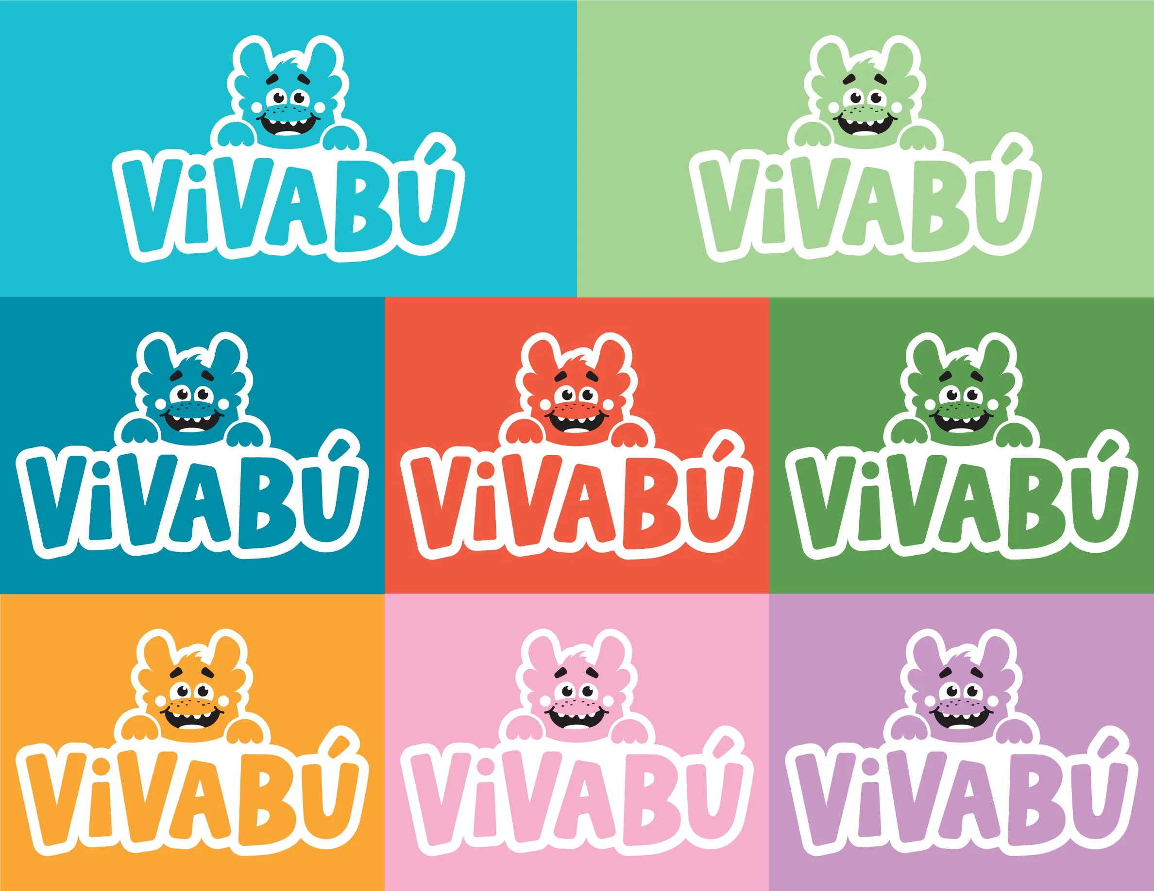Colorful grid of nine squares with cartoon bear faces and the word 'VIVABÚ' in bold, playful font in each square. The background colors vary, including blue, green, red, orange, pink, and purple.