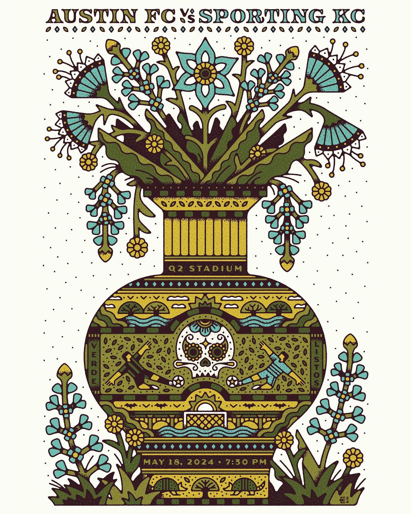 details from my next @austinfc match day poster 💚 my latest obsession has been the great pottery throwdown so I was inspired to make a vase, filled with little details like the Congress bridge and bloomin bluebonnets, and representing KC&rsquo;s sig