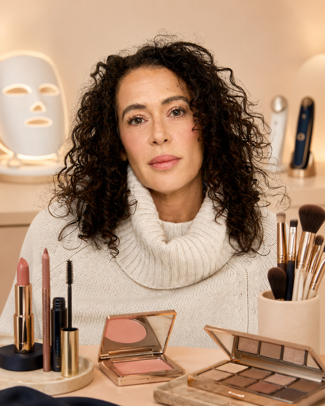 Mala Moonbeam with makeup, an LED mask and beauty devices for private and workplace beauty education experiences