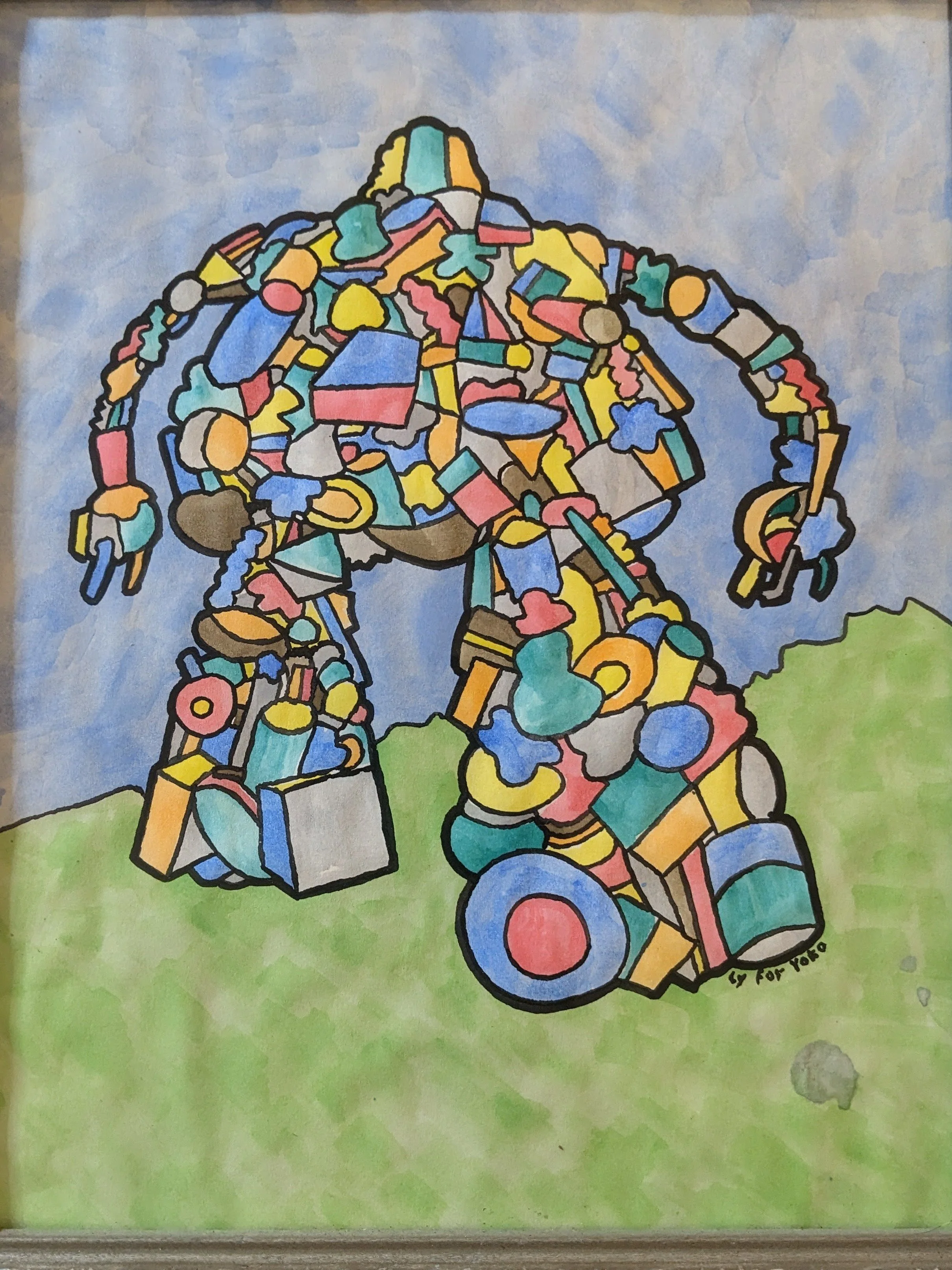 Colorful abstract drawing of a person doing a handstand, made with various geometric shapes on a grassy hill background with a cloudy sky.