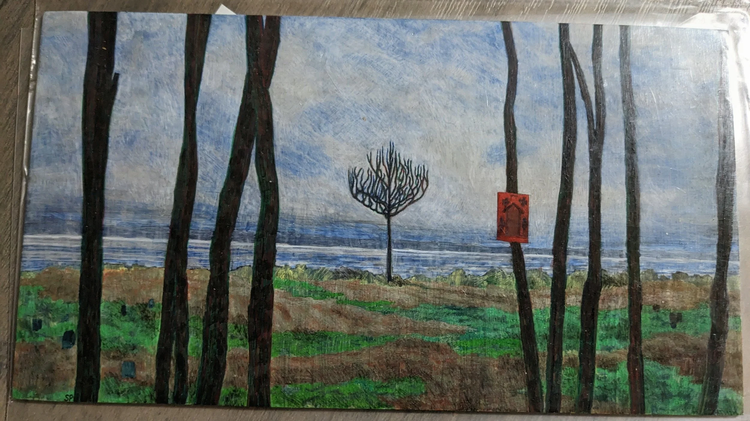 Painting of a forest with tall dark trees, a leafless tree in the background, a blue sky, and water in the distance. There is a red sign with a black symbol on one tree.