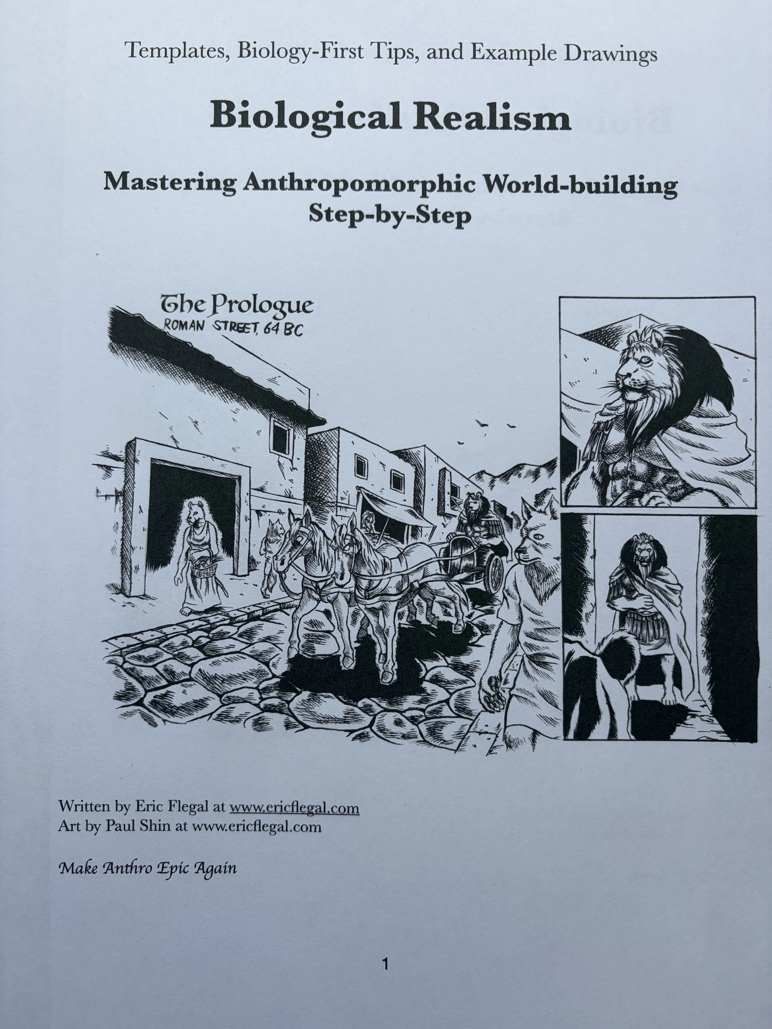 Page from a book titled "Biological Realism" showing a black-and-white comic-style illustration of ancient city scenes, including a lion-headed figure, a human figure with a lion mask, and horses pulling a chariot, with smaller panels of a lion and a human figure.