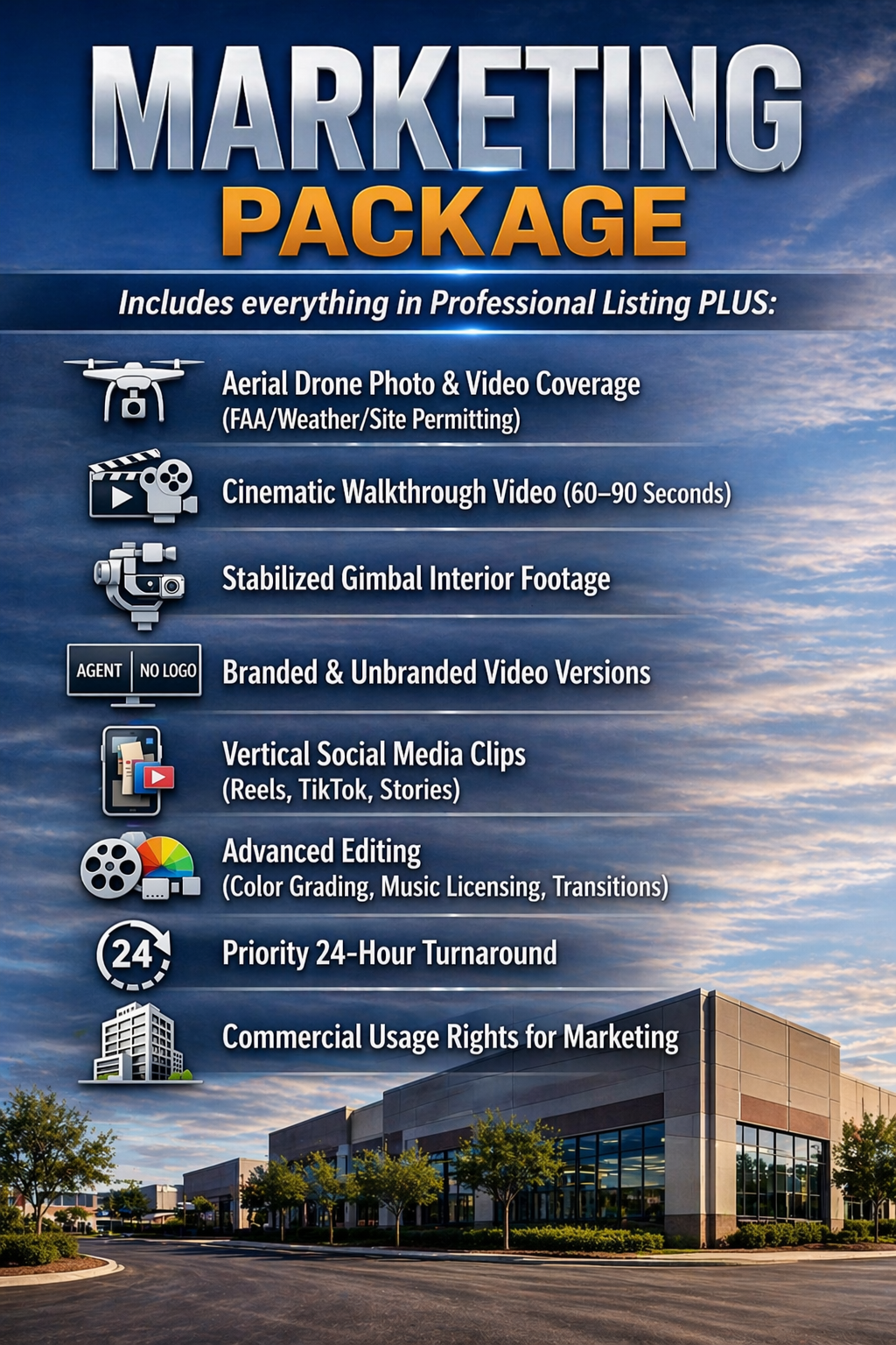 An informational sign for a commercial video production service, listing features such as drone photography, highlight videos, gimbal footage, branded video versions, advanced editing, social media clips, 24-hour turnaround, and marketing rights, with a modern building and cloudy sky in the background.