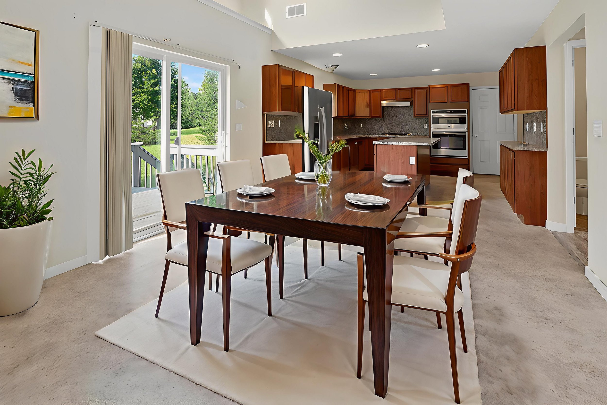 Modern dining area with a dark wood table, six white upholstered chairs, and a glass vase with green foliage, adjacent to a kitchen with wooden cabinets and stainless steel appliances, and a sliding glass door leading to an outdoor deck with greenery