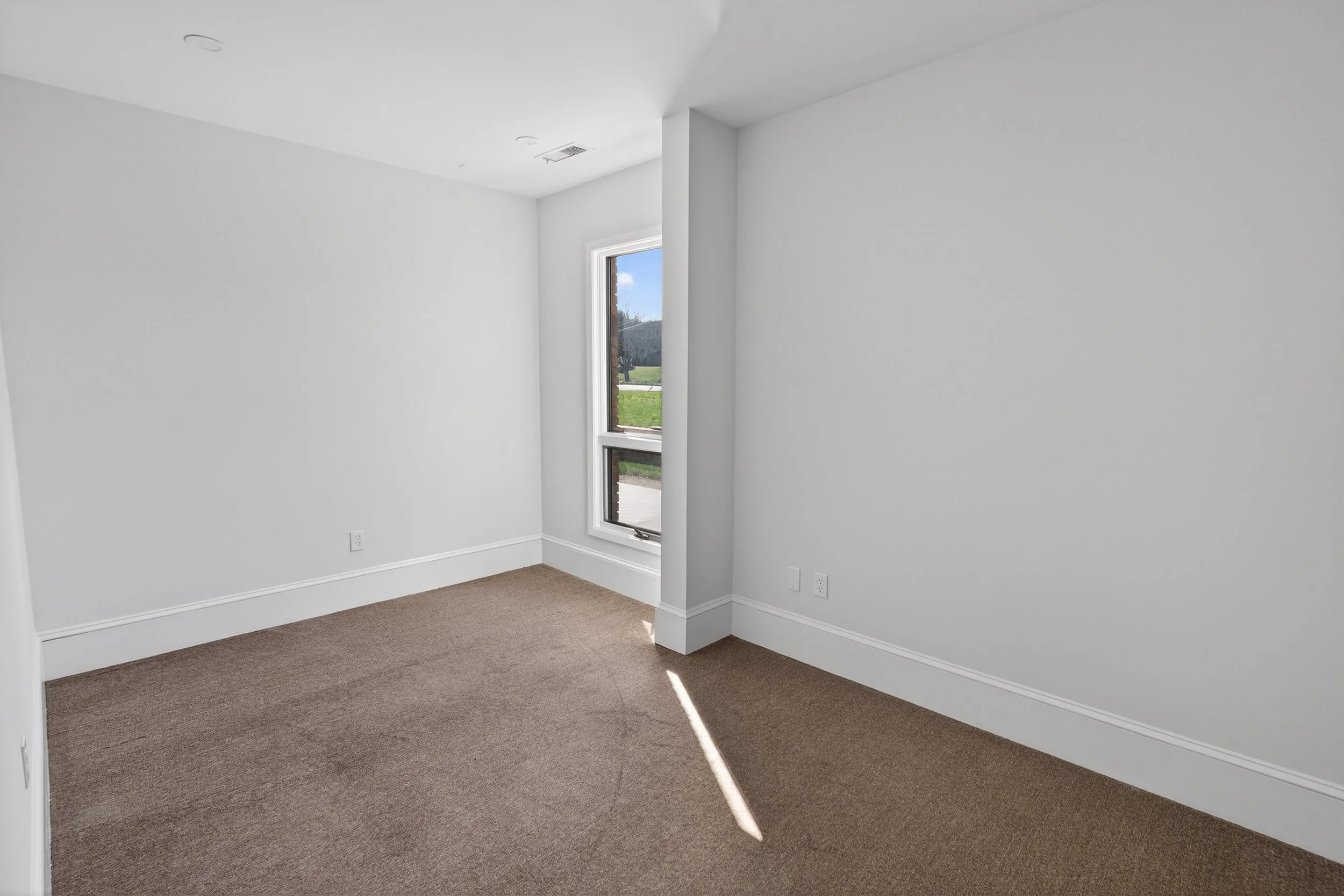 Empty white room with beige carpet, a corner window showing a green lawn, and baseboard molding along the walls.