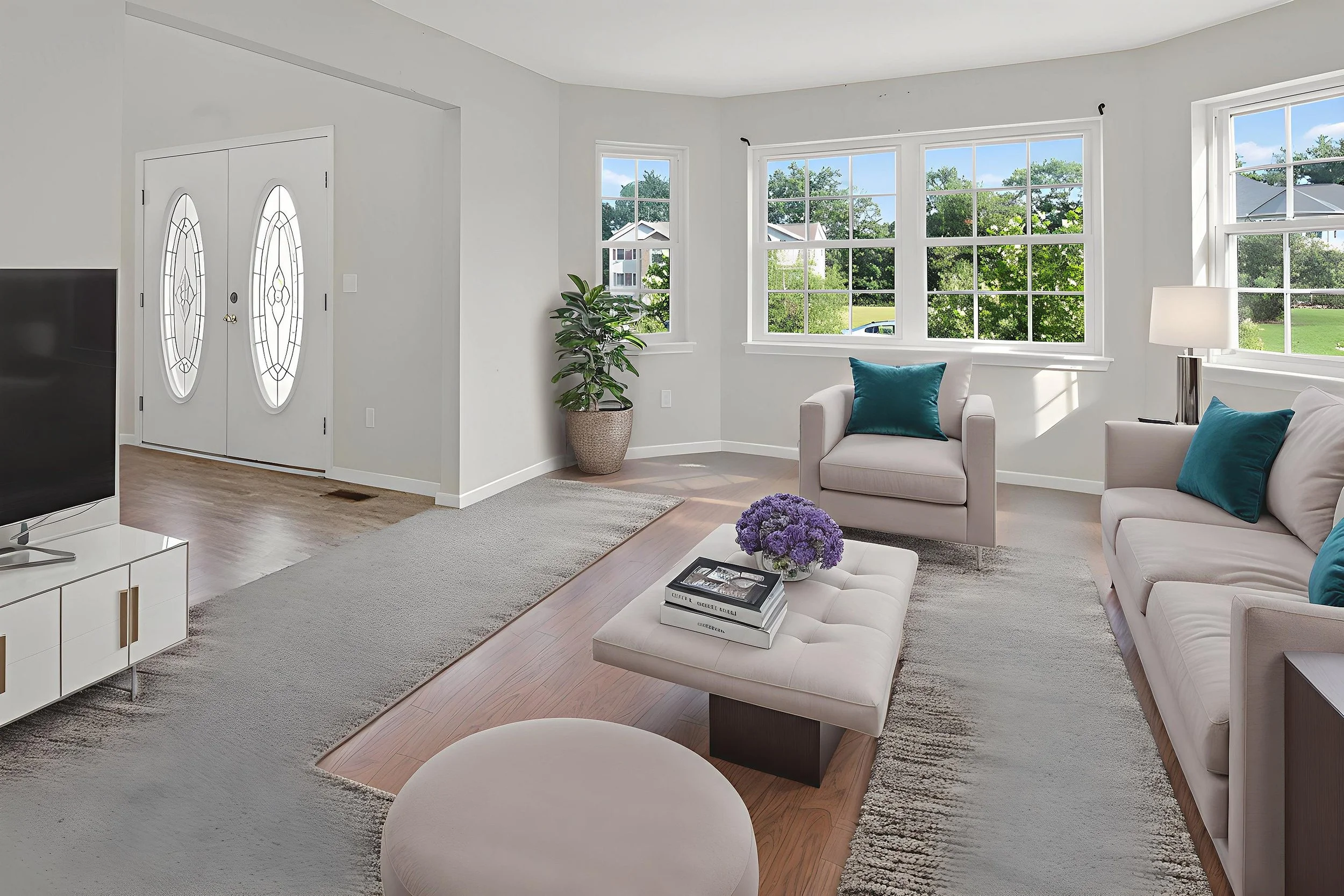 Bright living room with white walls, large windows showing greenery outside, beige sofas with teal pillows, a potted plant near the window, a cream ottoman with purple flowers and books, and a TV on a white stand near the entrance with decorative gla