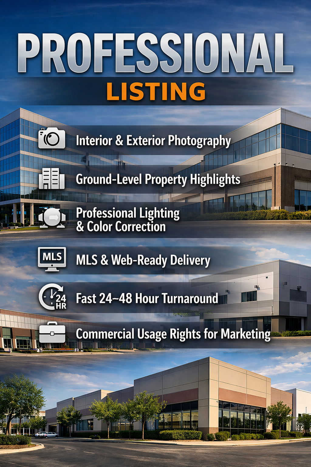 Commercial real estate photography services flyer with images of modern office buildings and list of services including on-site photo sessions, interior and exterior photography, ground-level highlight images, color correction, MLS file delivery, fast turnaround, and marketing rights.