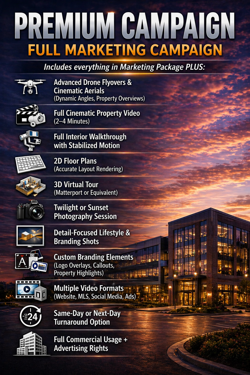 A promotional graphic for a commercial real estate listing service highlighting advanced features including drone videos, cinematic property videos, interior walkthroughs, floor plans, virtual tours, twilight photography, branding shots, branding elements, video formats, turnaround options, licensing rights, and a photo of a modern office building during sunset.