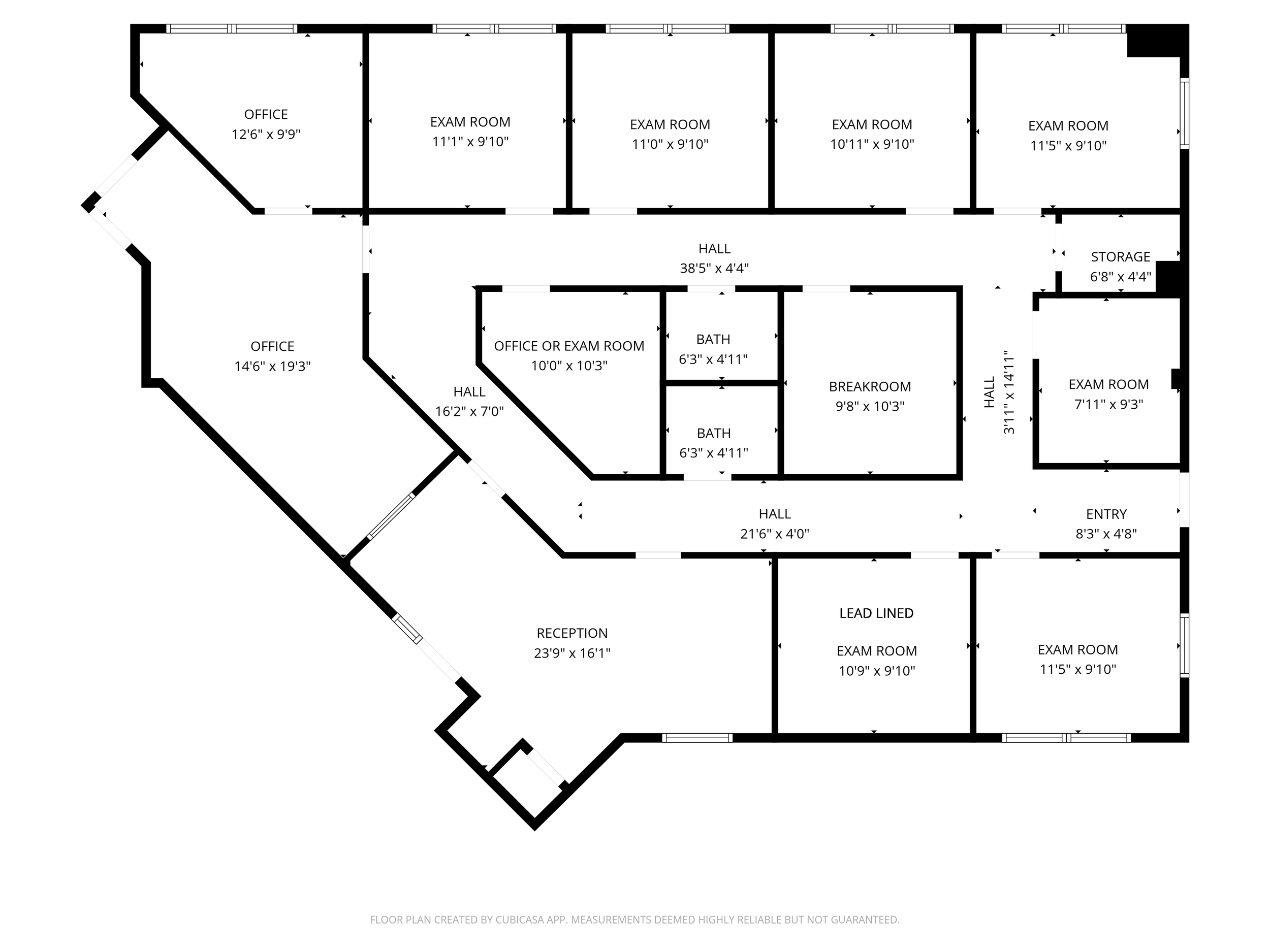 Floor plan of a building showing multiple rooms labeled as offices, exam rooms, halls, bathrooms, a breakroom, storage, a reception area, an entryway, and a lead-lined exam room. Dimensions for each room are provided.