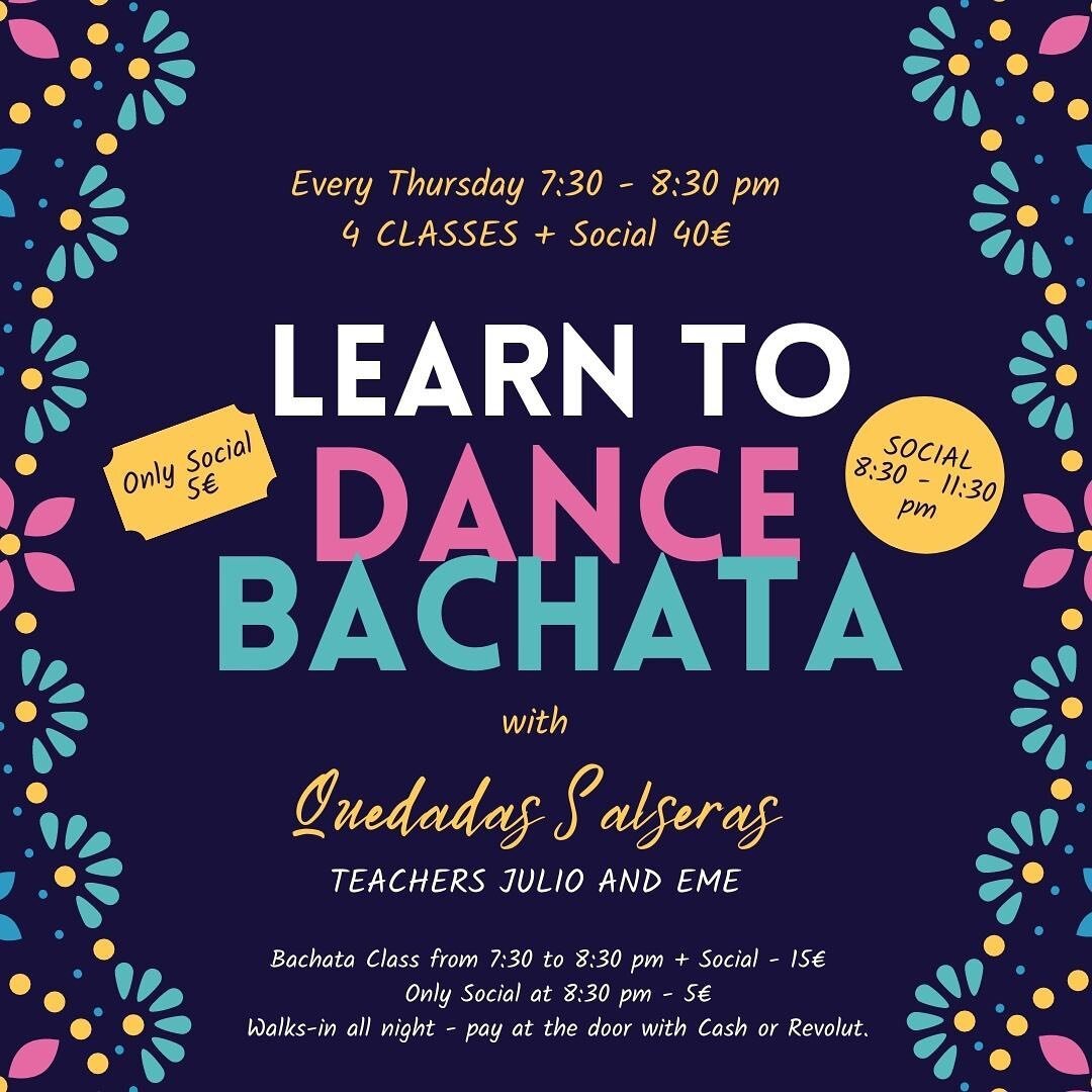 Learn to DANCE BACHATA 💃 with @quedadassalseras 

Every Thursday at 7:30 Bachata Class with Julio and Eme.

Social Dancing from 8:30 to 11:30 pm for 5&euro;.

Walk-ins welcome all night paying at the door.

Let&rsquo;s dance!

#quedadassalseras #bac
