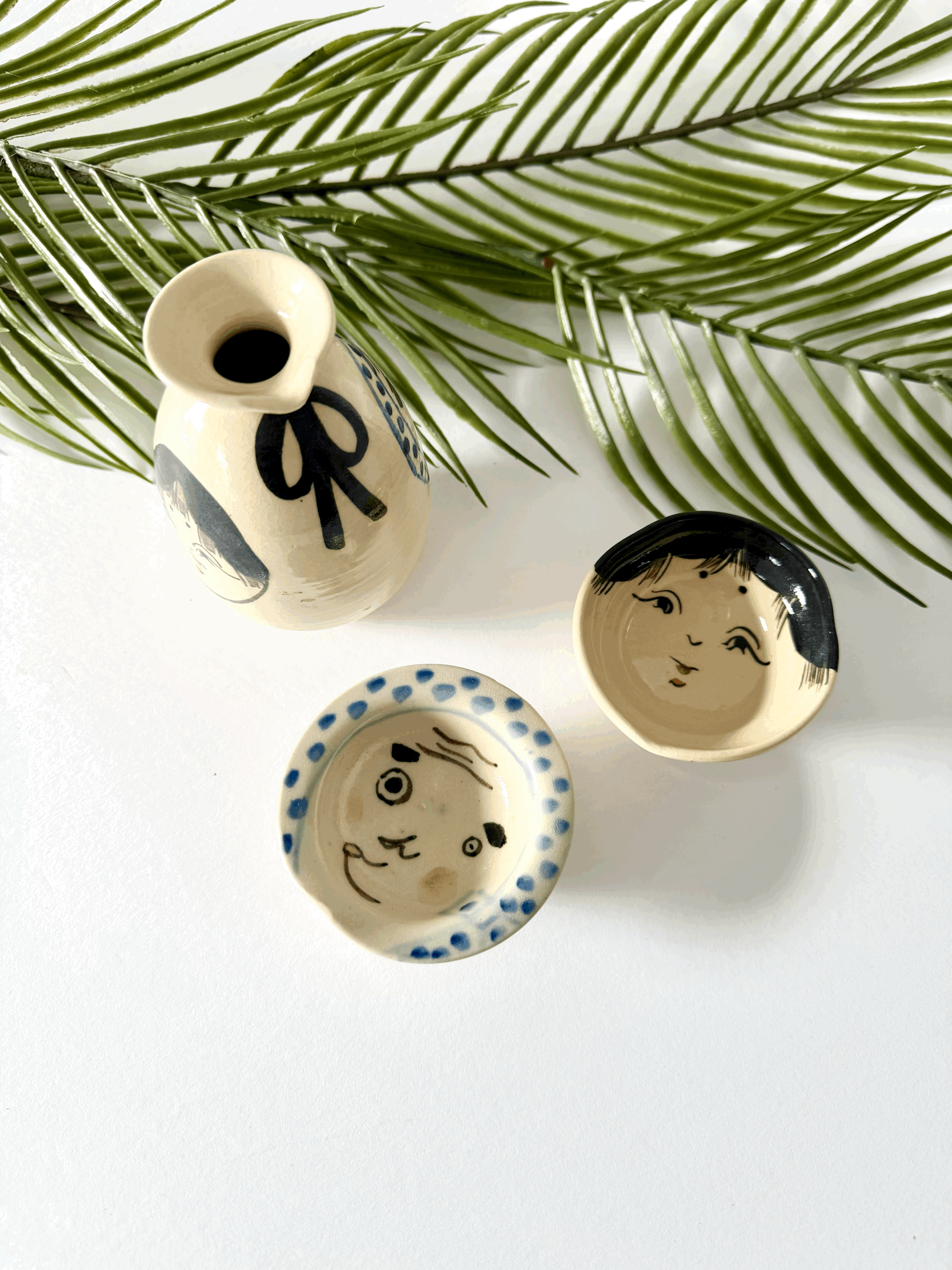 Japanese Ceramic Sake Set with Faces