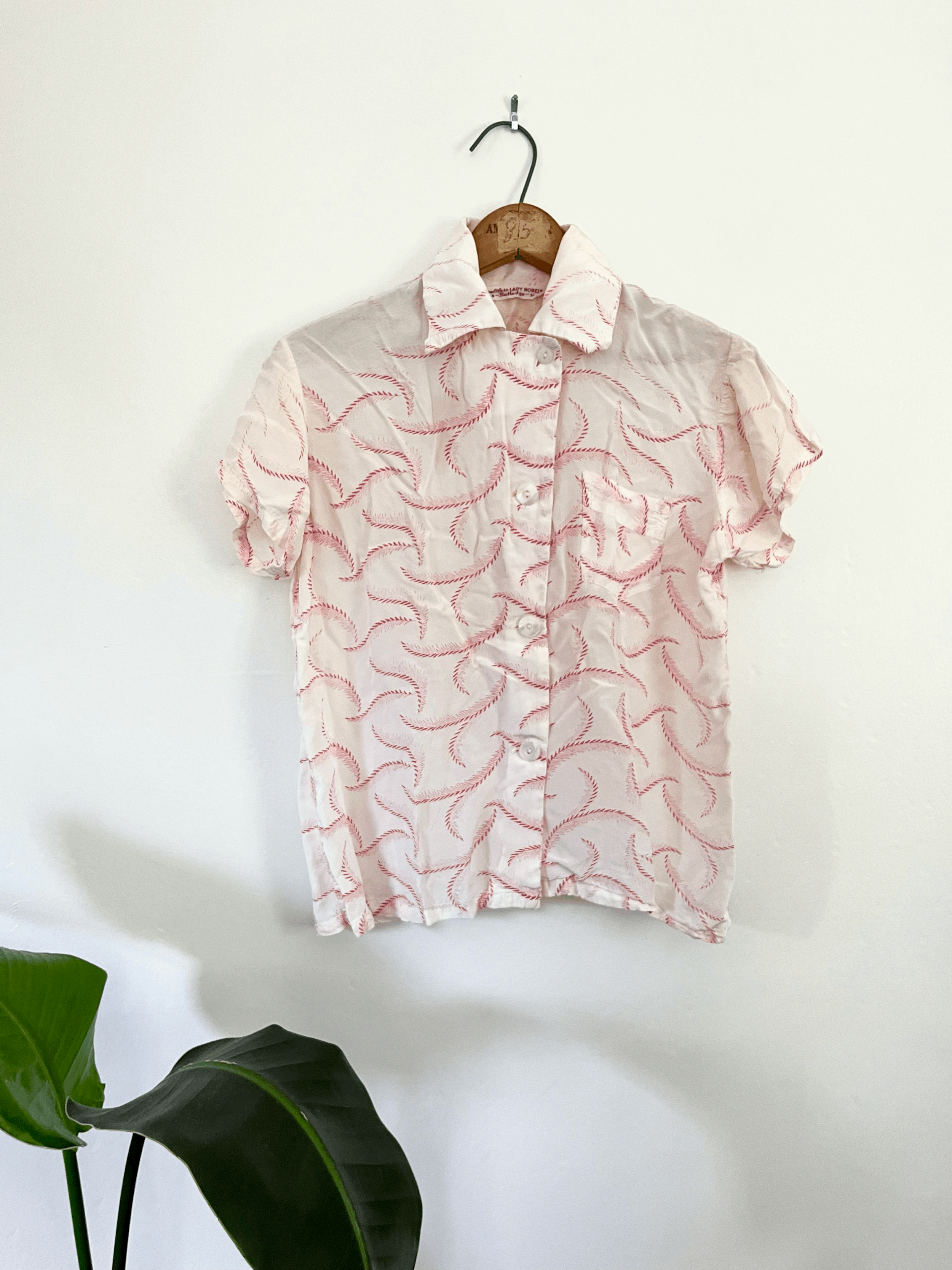 60s White and Red Silk Button Up Blouse