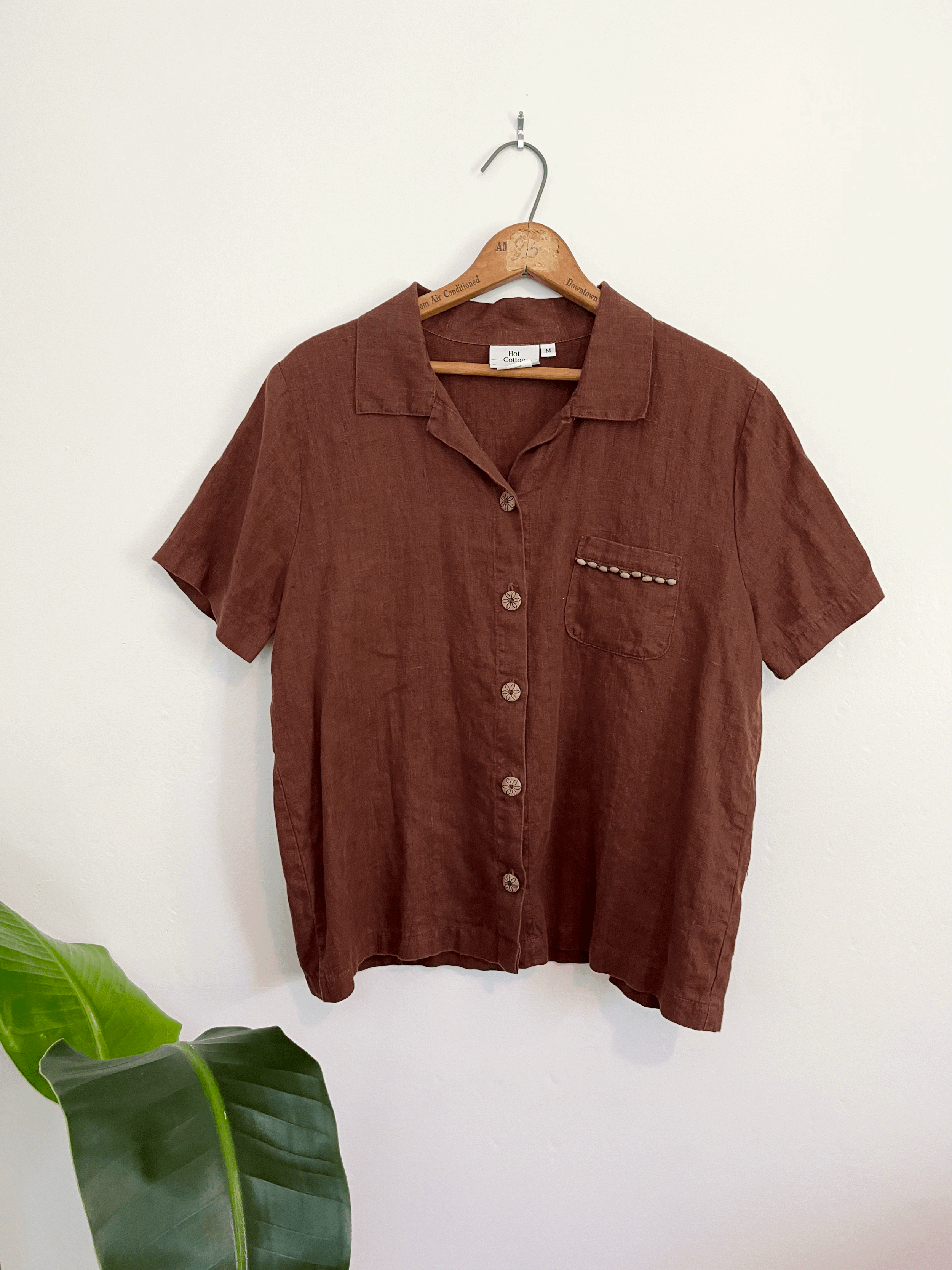 Brown Linen Beaded Polo Blouse