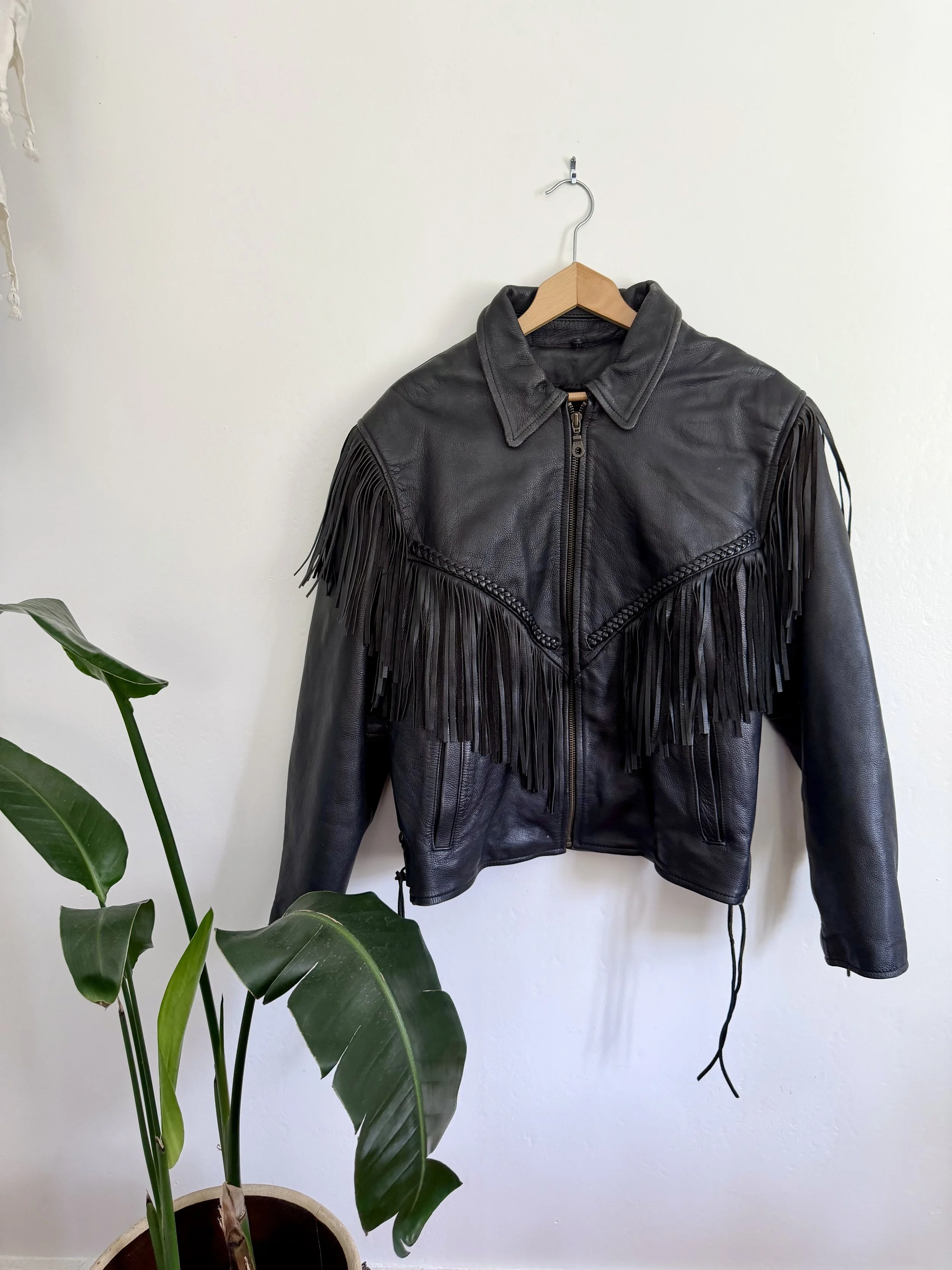 Black Fringe Leather Biker Jacket