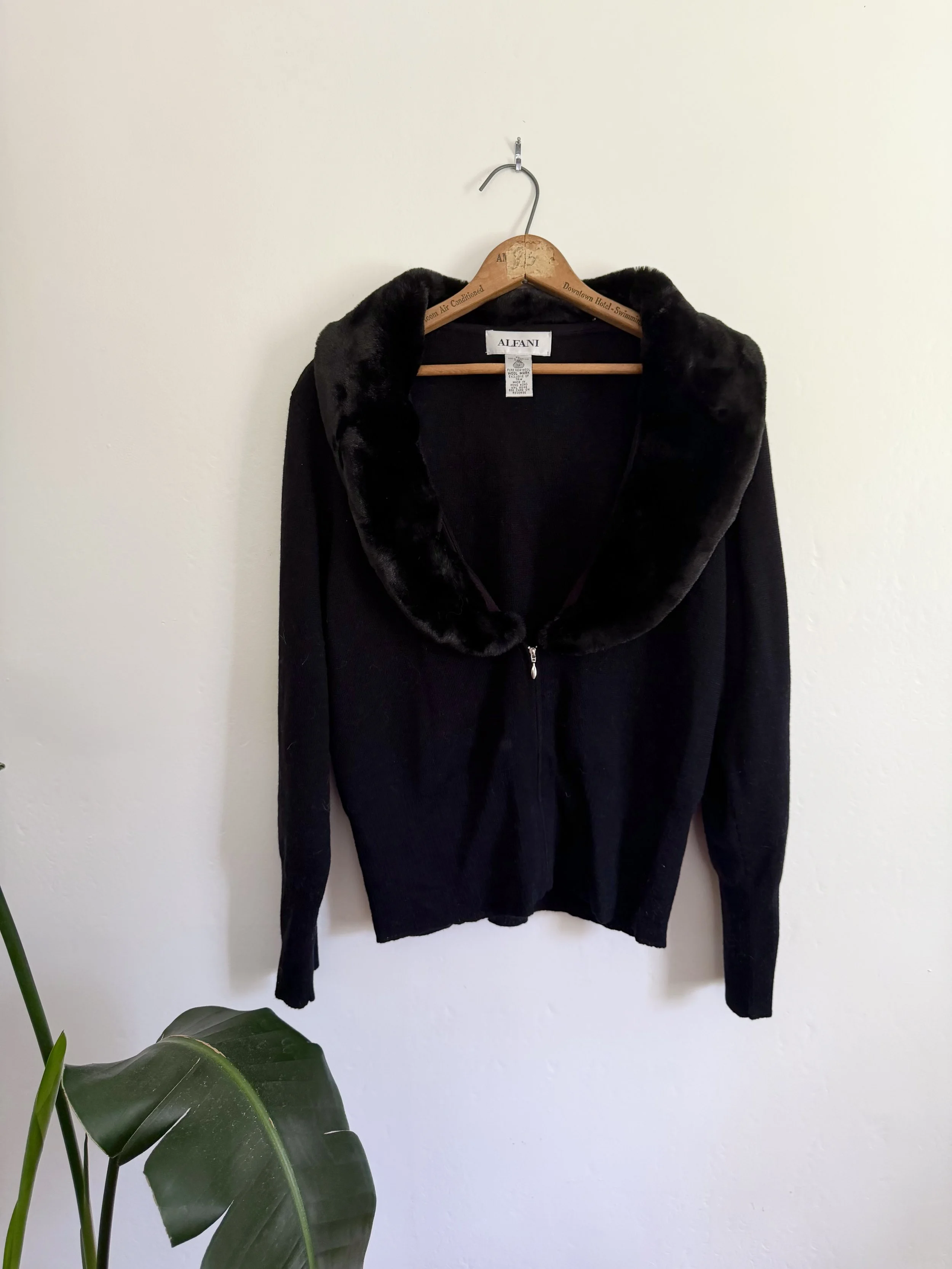 Alfani Black Merino Wool Fur Collared Cardigan