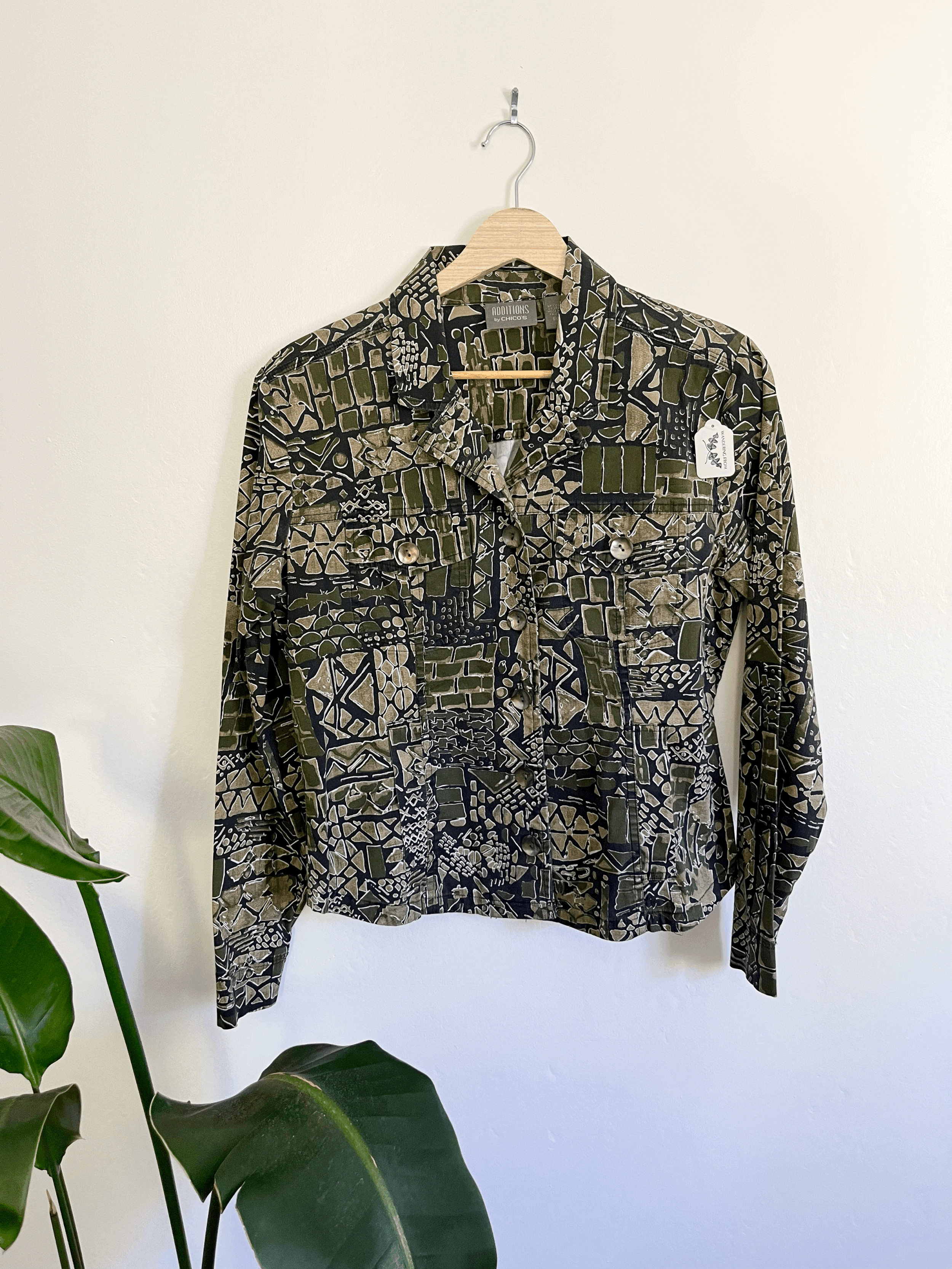 Geometric Patterned Button Up with Mother of Pearl