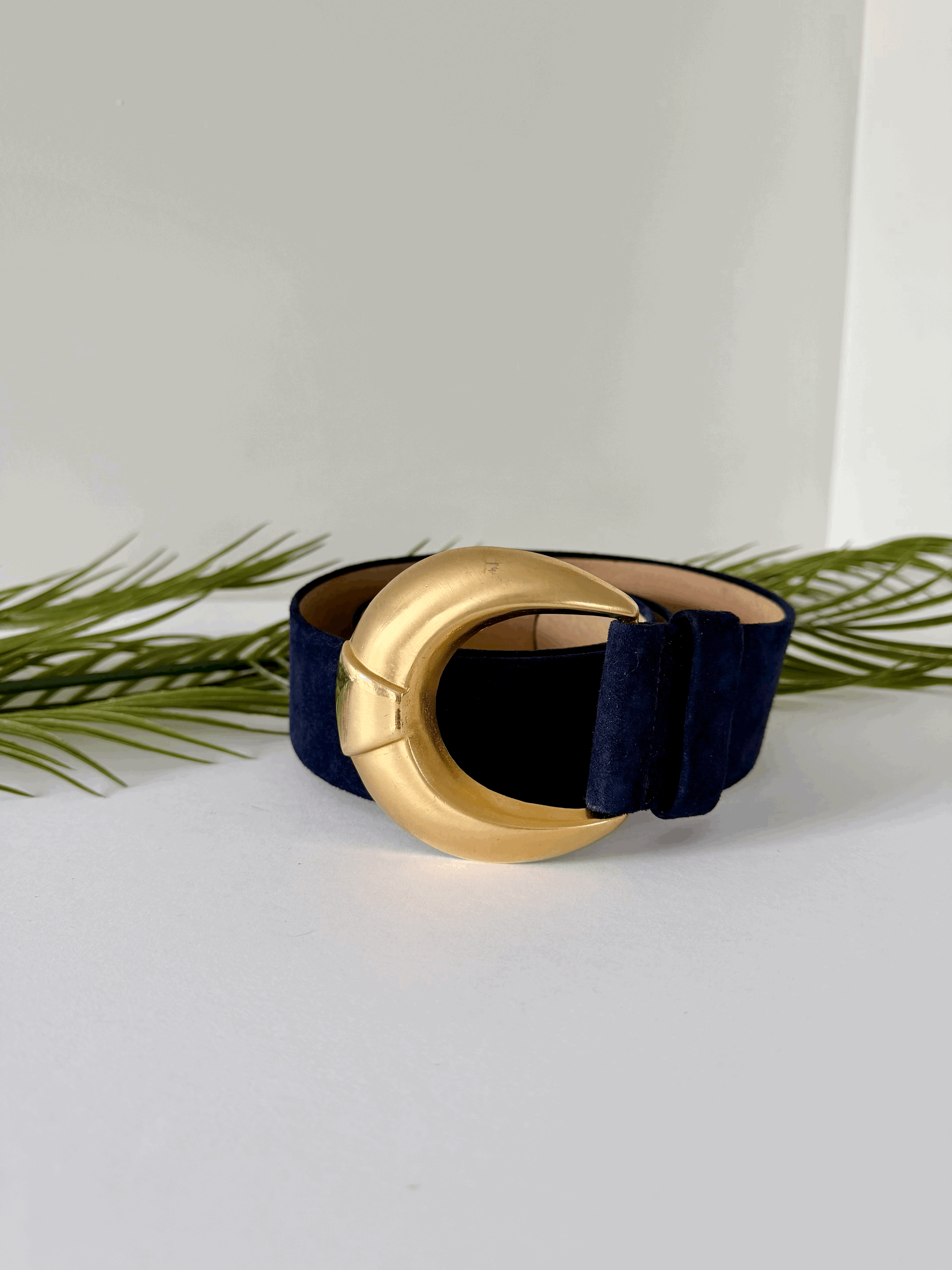 Navy Suede Chunky Belt with Gold Buckle