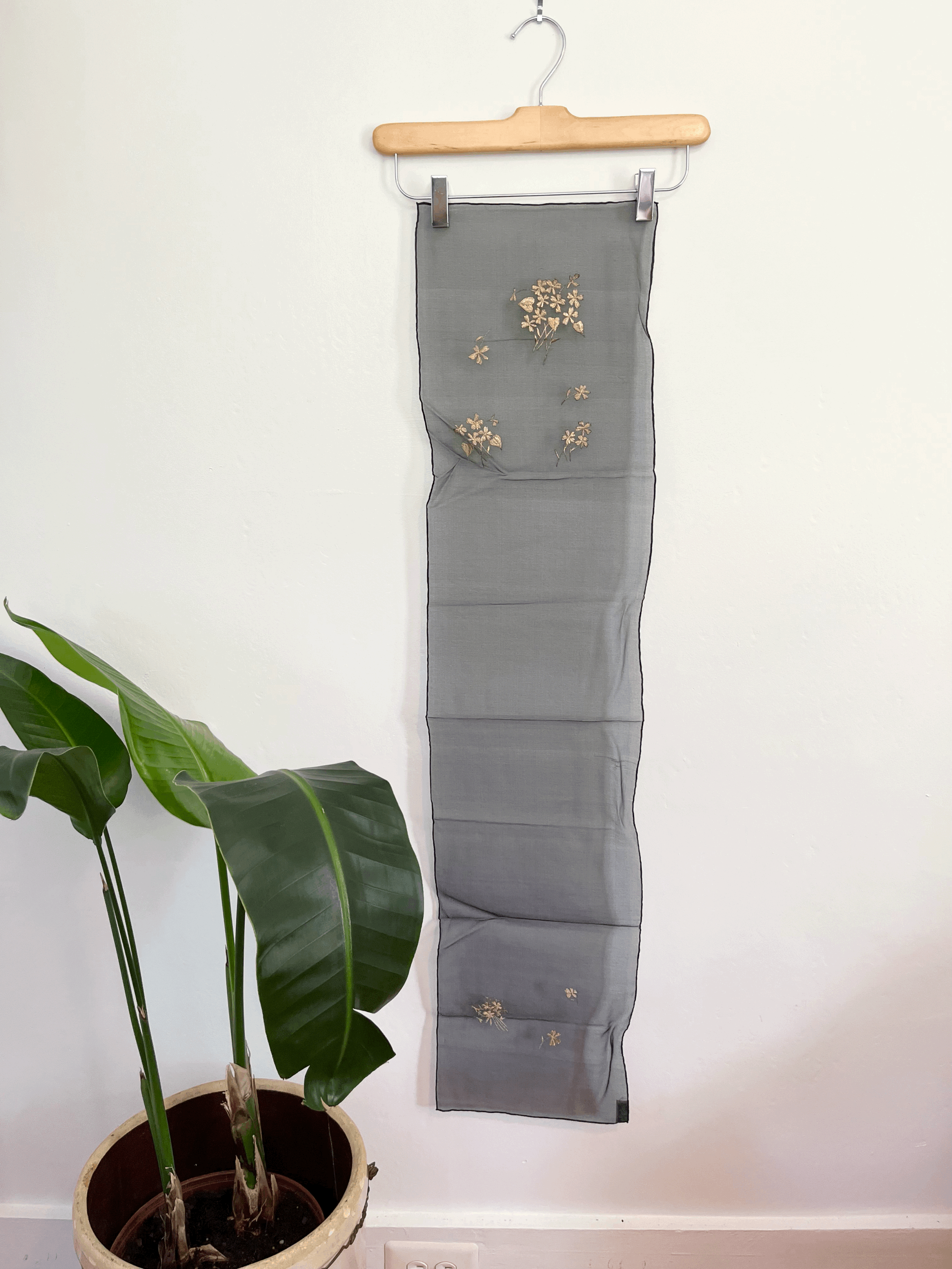 Black Sheer Silk Scarf with Gold Flowers