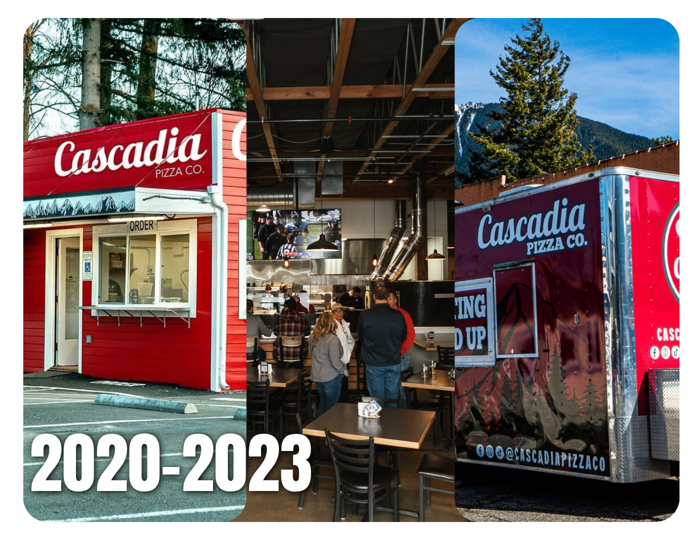 A collage of three images showing Cascade Pizza Co. locations and interior. The first image is an exterior view of a red Cascade Pizza Co. building with a drive-thru window and parking lot. The second image depicts the interior of a modern restaurant with people ordering, cooking, and watching TV. The third image shows a red Cascade Pizza Co. food truck with mountain and forest graphics, parked outdoors against a scenic backdrop of trees and mountains, with the social media handle @CascadiaPizzaCo.
