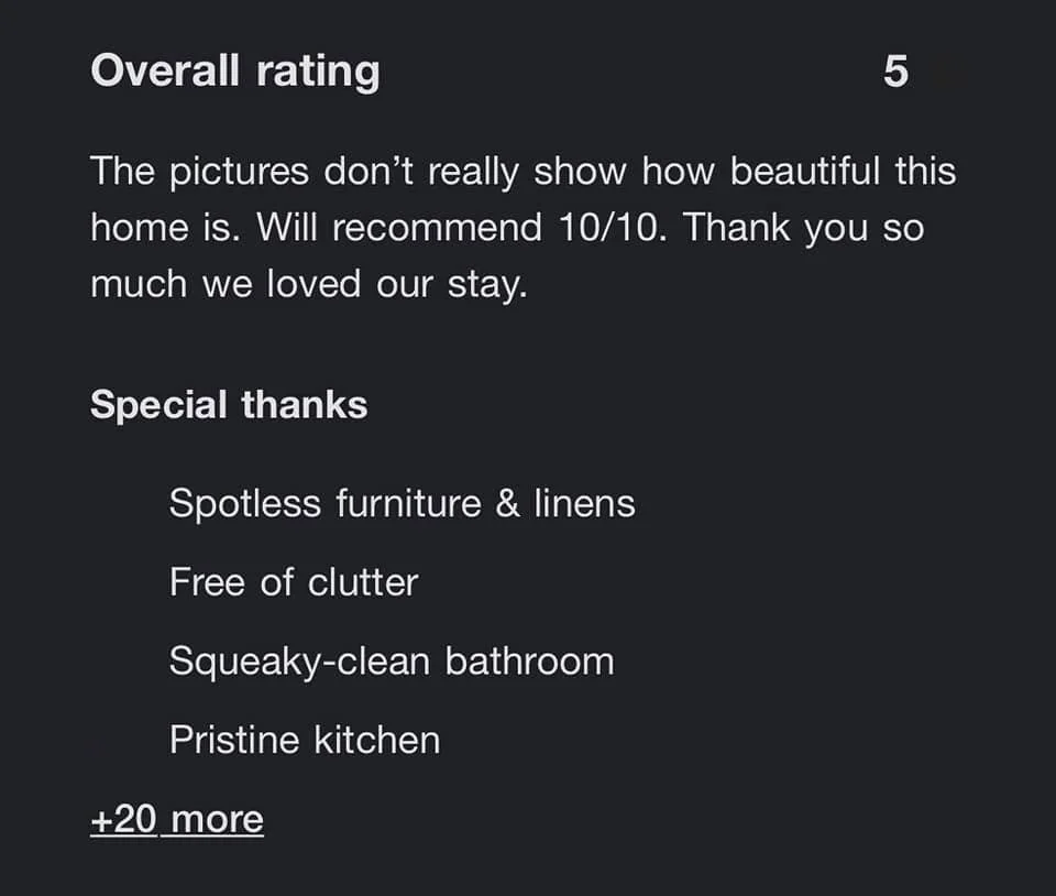A review message with a dark background, giving an overall rating of 5 stars. The message states the home is beautiful and recommends a 10/10, expressing gratitude for the stay. It includes thank you notes and mentions special features like spotless 