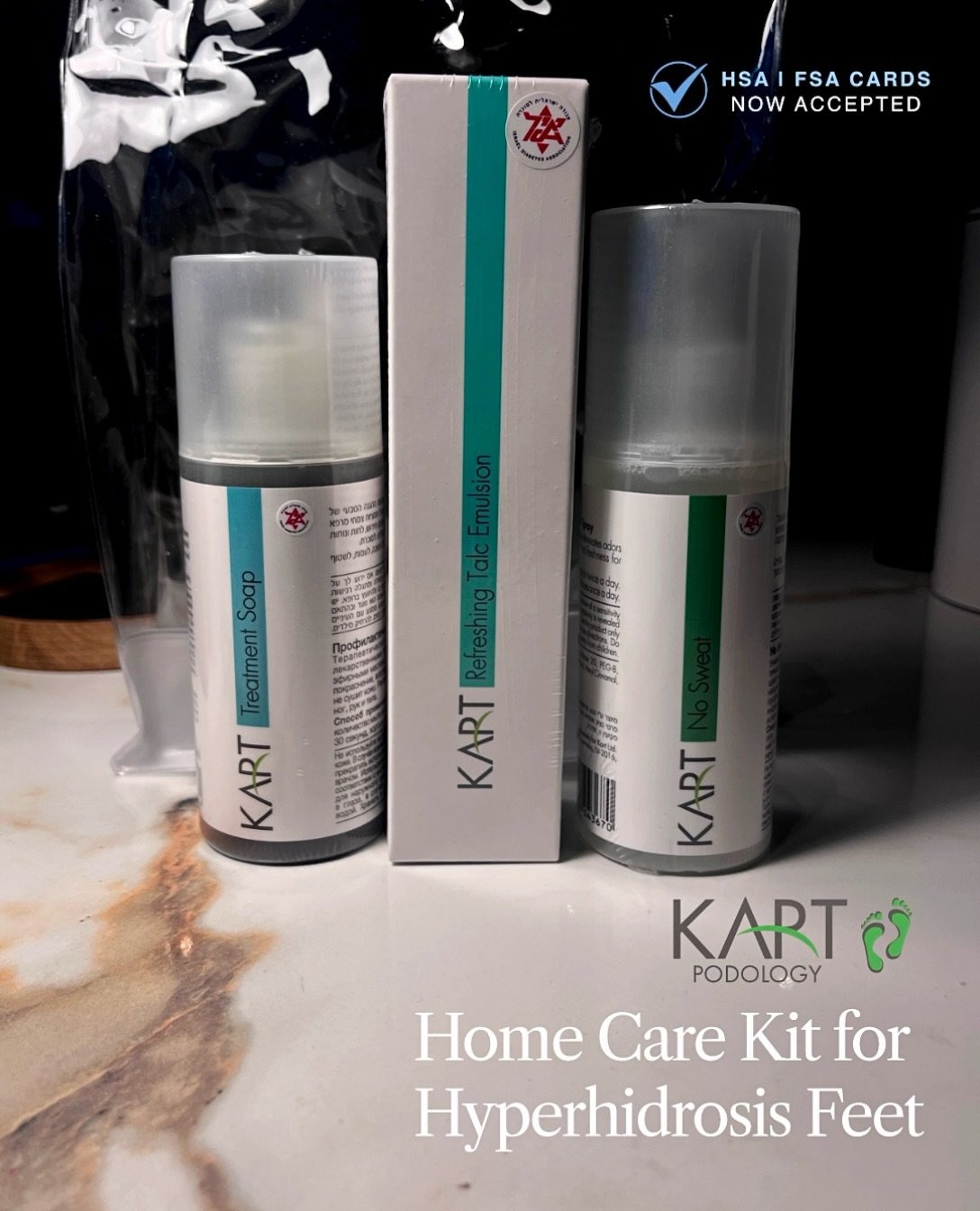 Sweaty feet, meet your match.

The KART Home Care Kit for Hyperhidrosis Feet is a three step system built to control excessive sweating, neutralize odor at the source, and keep fungal and bacterial growth in check, all with high concentrations of nat