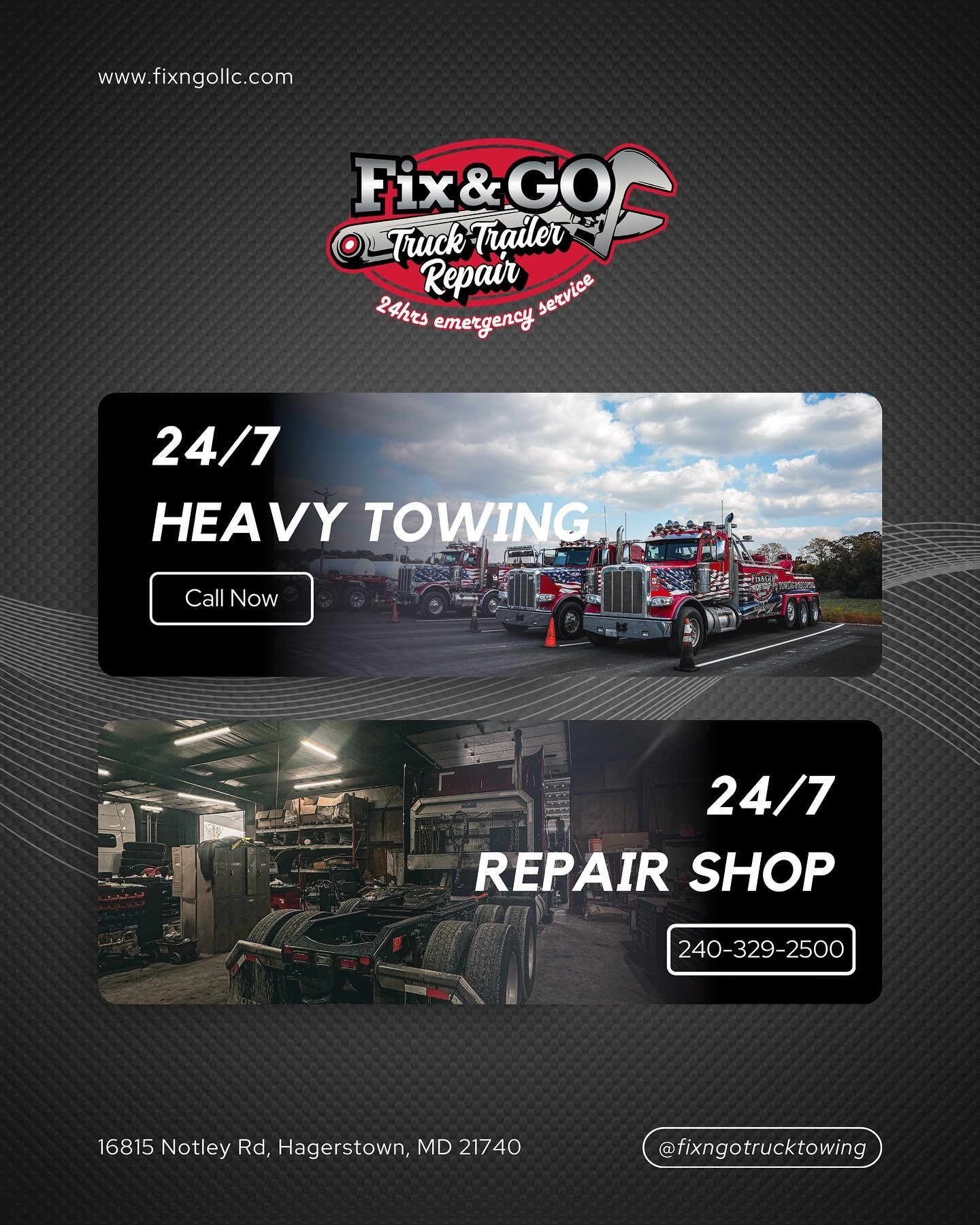 No matter the hour, no matter the breakdown, Fix &amp; Go is here to rescue your truck or trailer. Call us anytime for expert towing and repairs! 

240-329-2500 📞📲

🕒💪 #AlwaysOnCall #TruckCare
