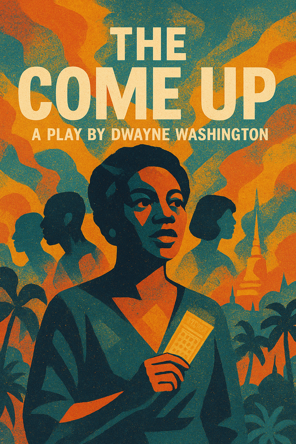 Illustration for 'The Come Up' play by Dwayne Washington, featuring a woman holding a phone with a city skyline and silhouettes of women in the background, in vibrant orange and blue tones.