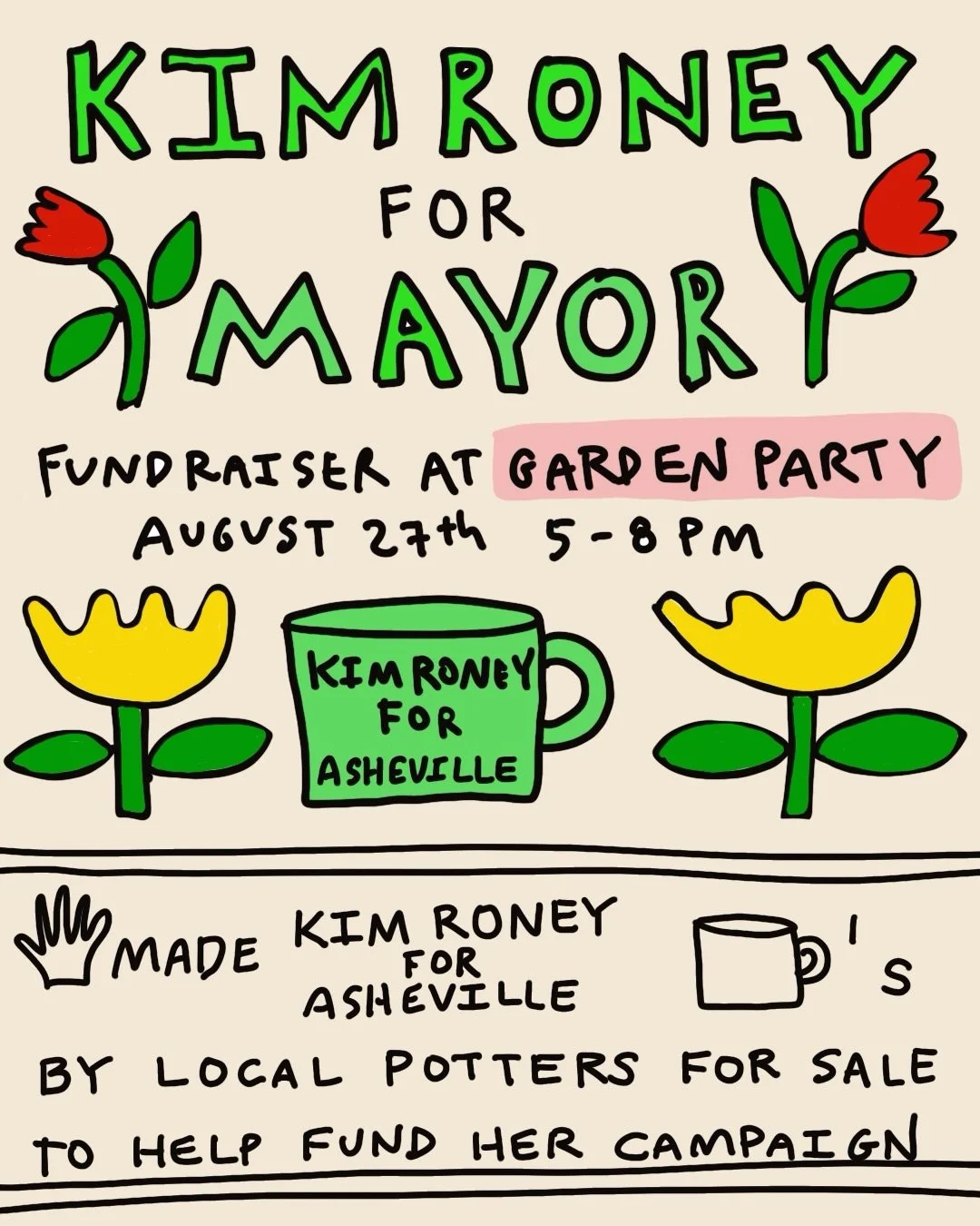 Potters for Kim Roney! Save the date for a fundraiser benefiting Kim&rsquo;s mayoral campaign @electkimroney at Garden Party (792 Haywood) on Thursday August 27 from 5-8PM. Mugs and other ceramic items will be available on a sliding scale with severa