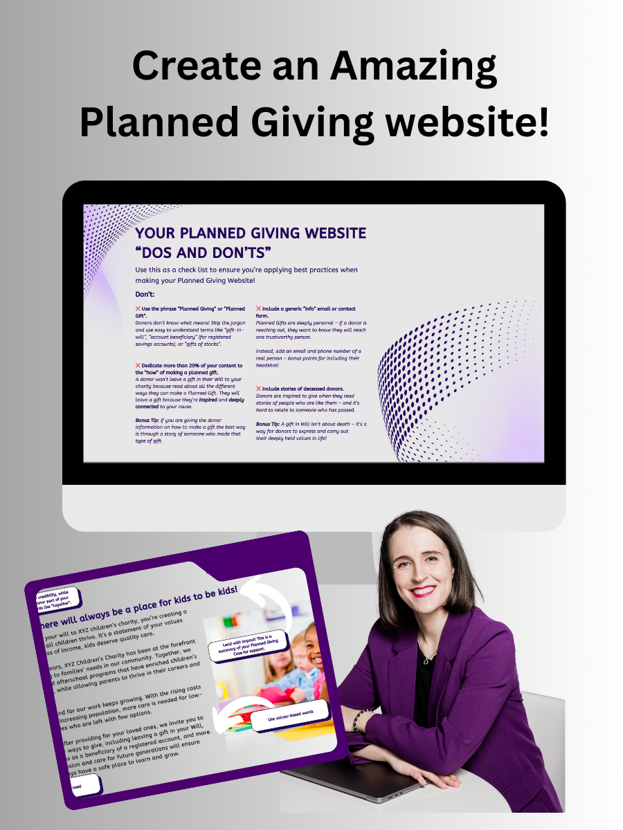 A promotional image showing a woman in a purple blazer smiling, with a computer monitor displaying a website titled 'Create an Amazing Planned Giving website!' and a tablet with a webpage about children's charity.