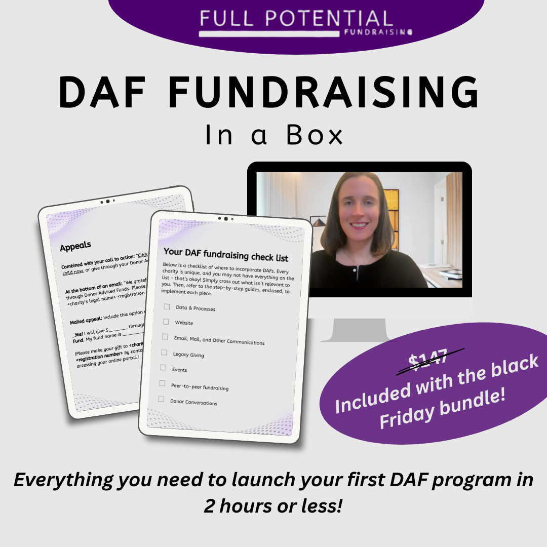 Promotional flyer for DAF fundraising in a box, including a video call image, a checklist, and a price of $147 with a note about a Black Friday bundle, highlighting launching a first DAF program in two hours or less.