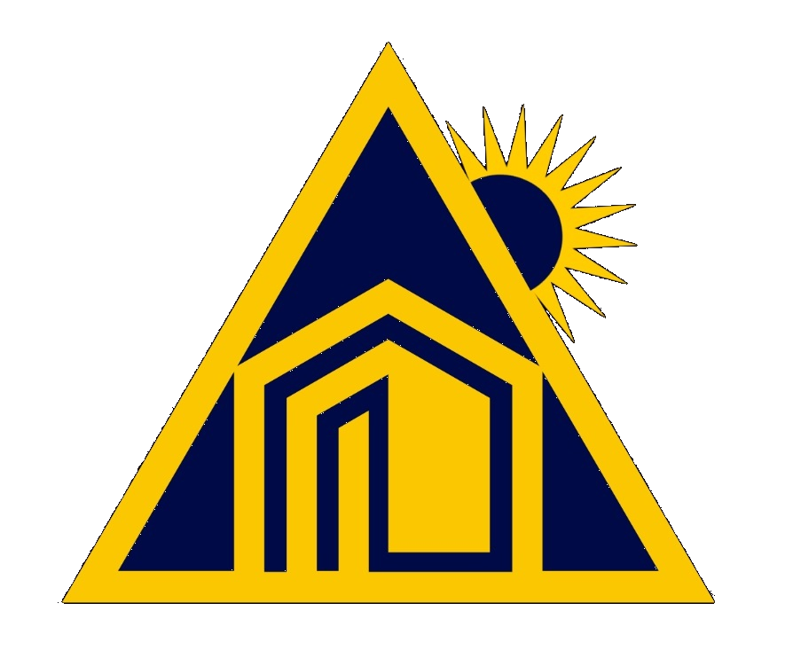 A stylized logo featuring a yellow triangle with a black border, enclosing a black outline of a house. To the right, a blue and yellow sun with rays, partially obscured by the triangle.