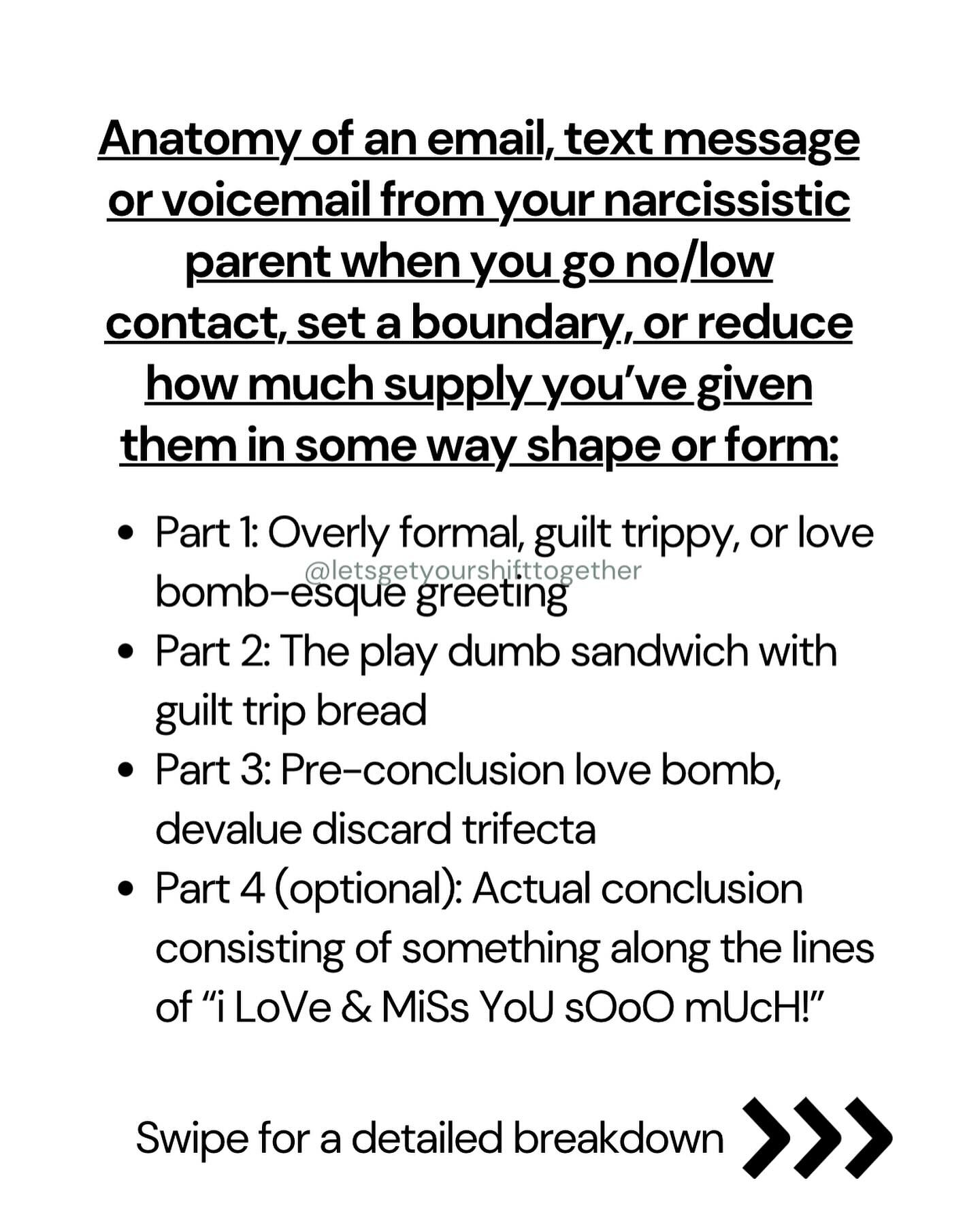 Tell me in the comments if this matches the gist of the letters, text messages, emails, voicemails, etc you&rsquo;ve received from your narcissistic parent you&rsquo;re low or no contact with!

Instead of putting your energy into whether or not you s