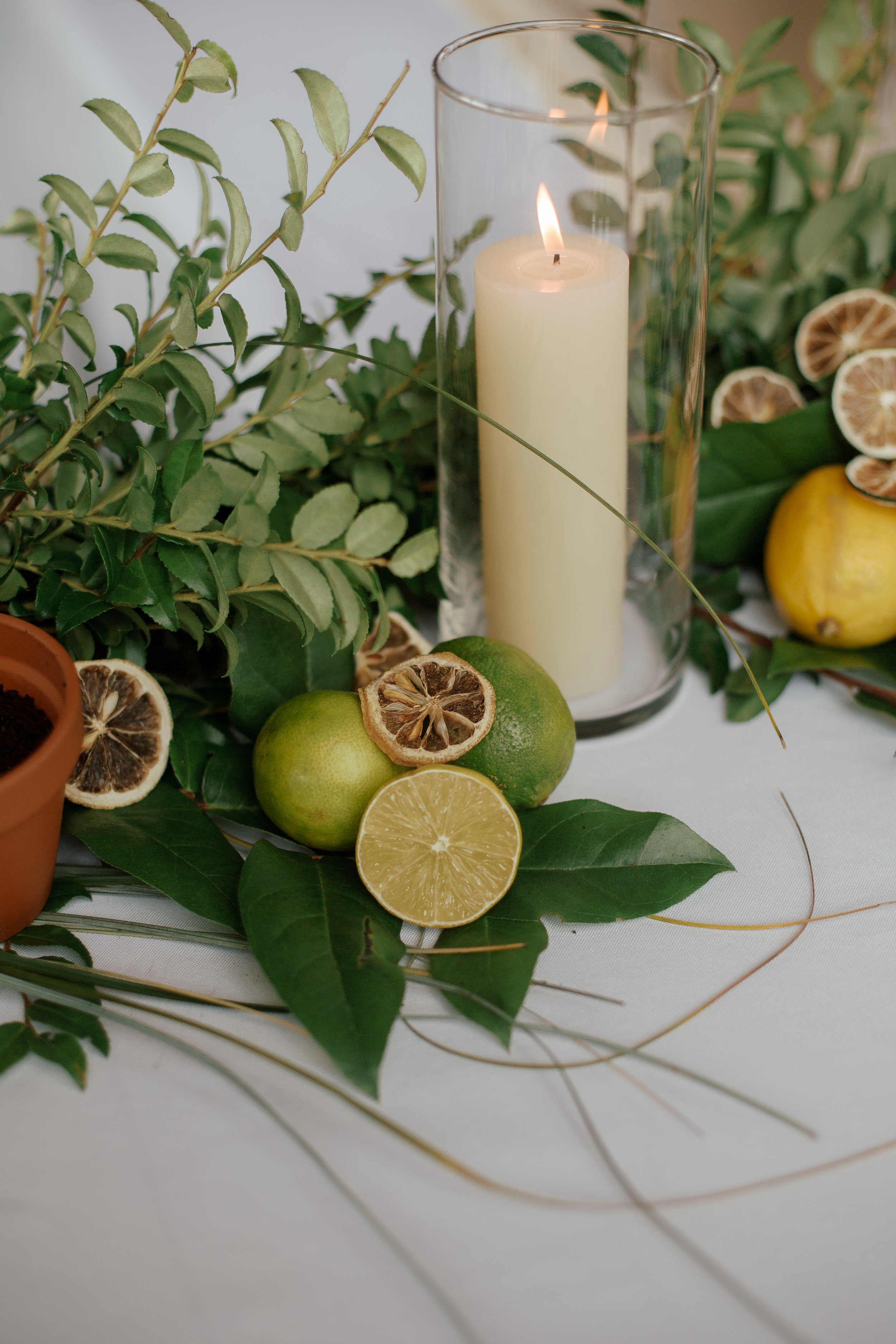 Decorative centerpiece with a tall white candle in a glass holder, surrounded by green leaves, and sliced citrus fruits including lemon, lime, and dried lemon slices.