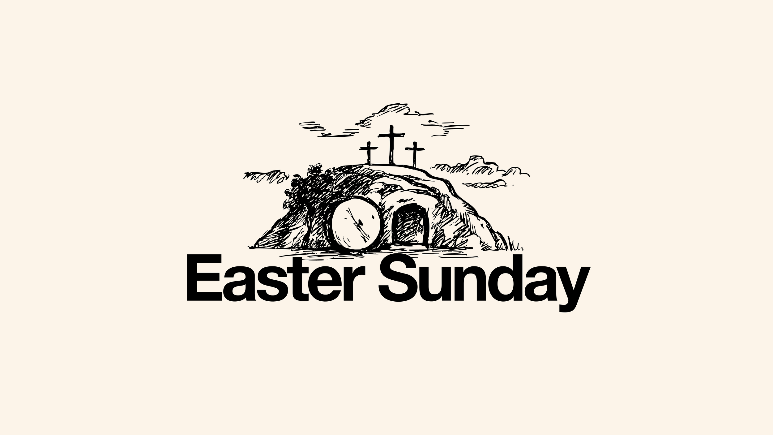 Illustration of a rocky hill with three crosses on top, a cave entrance, a large egg-shaped object, and the text 'Easter Sunday'