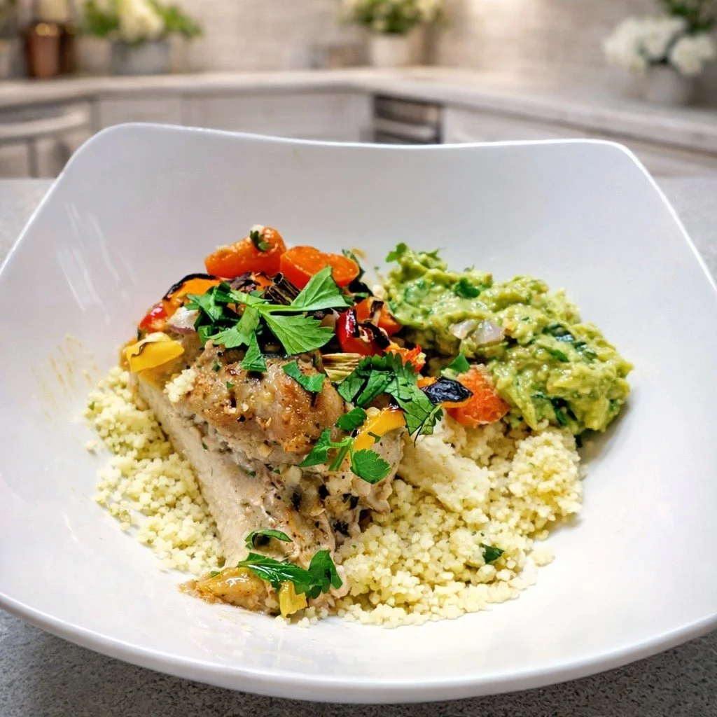 Garlic Chicken with Guasacaca Sauce and Couscous